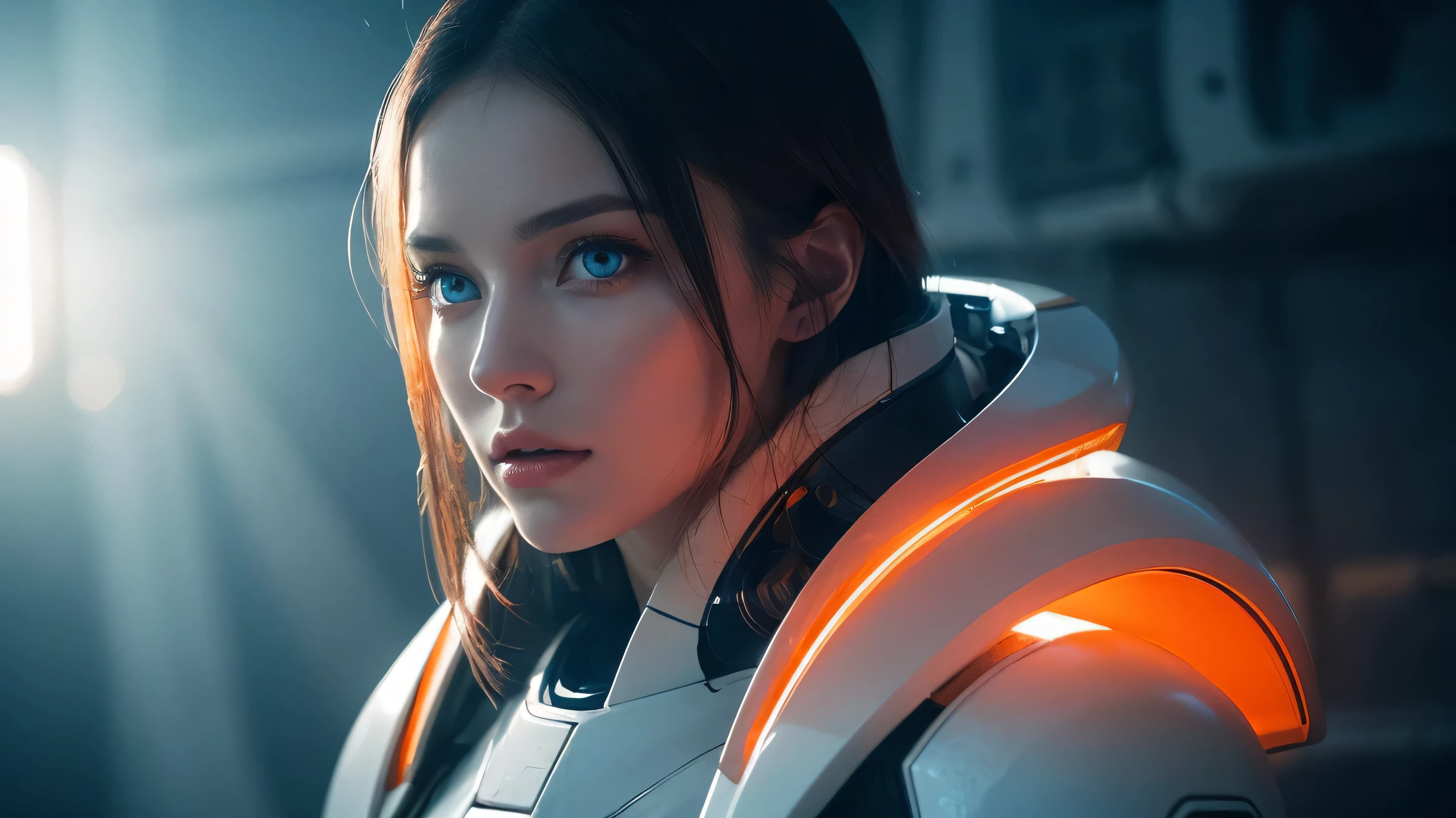 a beautiful young woman, 25 years old, with deep blue eyes, wearing an orange spacesuit with metallic white details, in a dramatic cinematic sci-fi setting, photographed with backlight and soft, warm lighting, elegant and dynamic pose, extremely detailed and complex, minimalist guweiz-style art, highly realistic and photographic, intricate futuristic environment