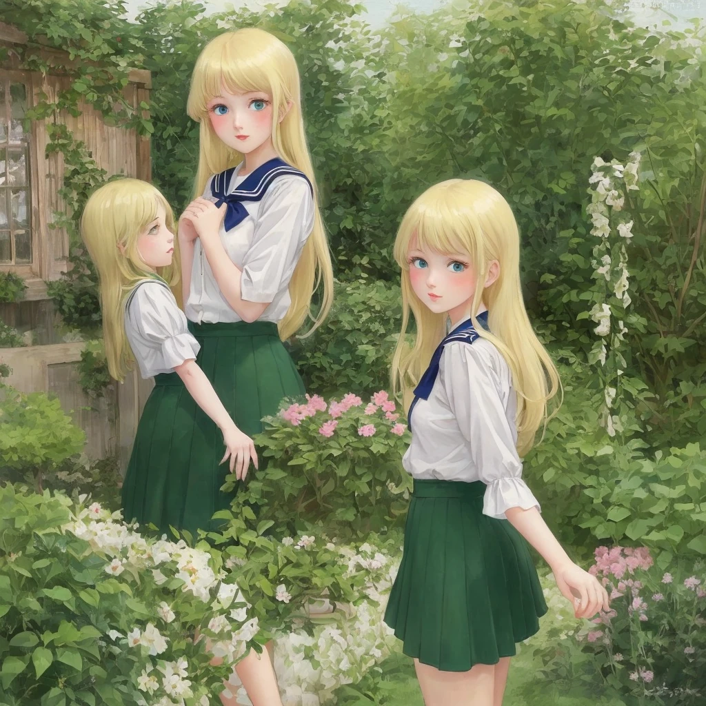 3 girls, long hair, Big , Blushing, blond, Green-eyed sailor suit short skirt 1933 style cute and beautiful girl 18 years old in the garden 美麗的長腿