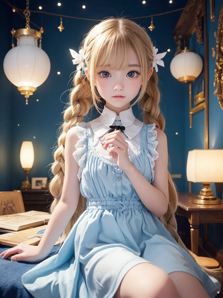 Anime illustration、masterpiece、high quality、Magic Museum、Girl long hair、Brown braids&Blonde Hair、Big cute eyes blue color、Star white on the upper part of the eye、Eyelashes are long and black、Background antique room、Cute little egg-like monsters are all over the room、A mini gramophone also flies in the sky、花にもhandがある、Everybody Fly、The clock is also distorted、I want to see something pop out of a magic box、Girl in white sleeveless dress、Black ribbon tied around waist、「15th night mirror、」Produced at the level of the post on July 30th、hand、feet、The fingers are precise.、