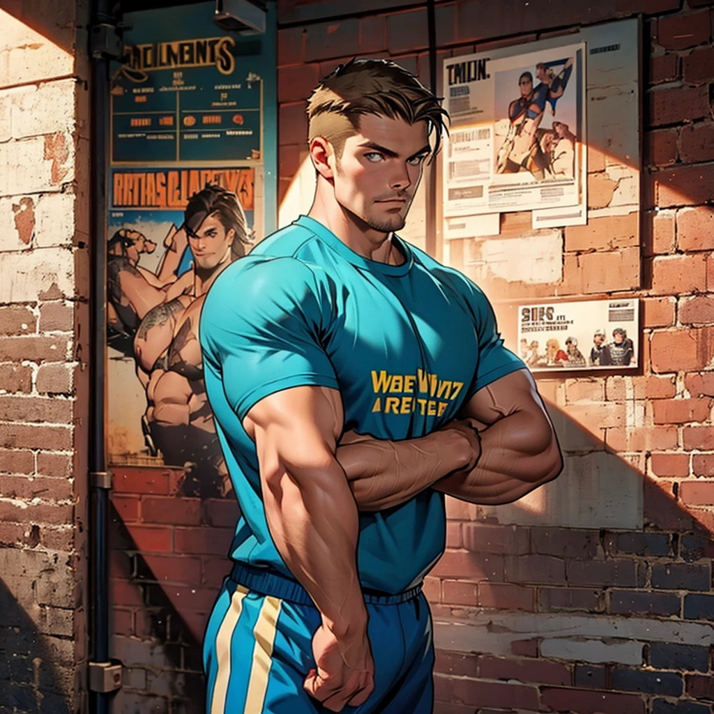32k, high quality , detailed face , detailed hands , detailed muscles , stephen amell standing and posing in a gym hall  ,standing with spread legs, showing his muscles, background brick wall with star movies posters