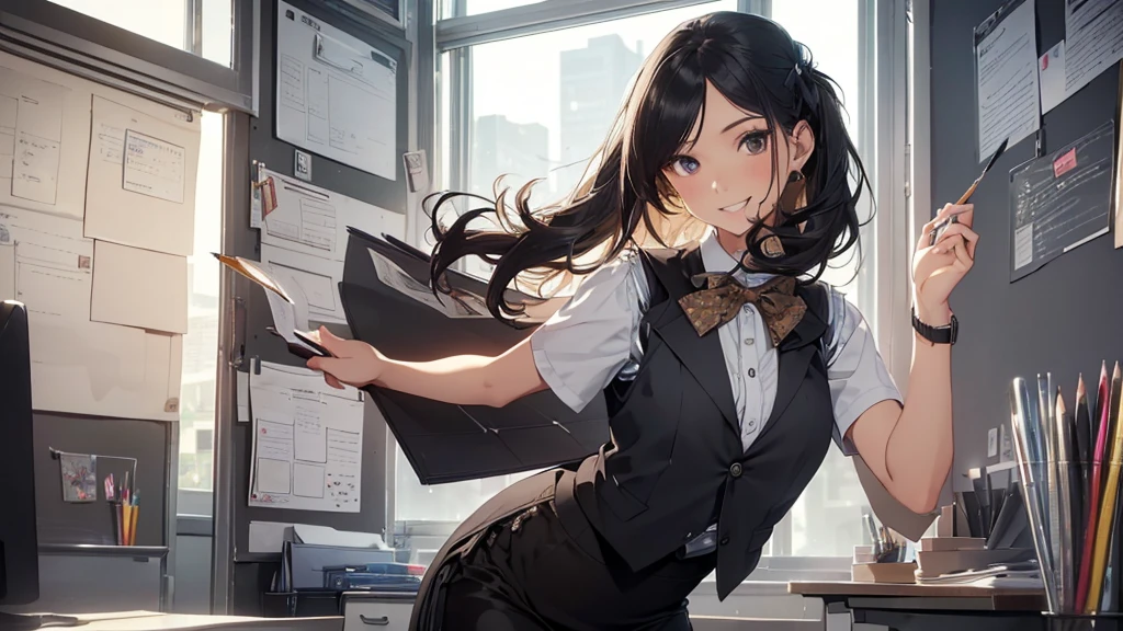 1 girl, Solo, 25 years old, Best Quality, Ultra-detailed, 8K, High resolution, Detailed face, from below, black hair, (((half up))), light smile, happy, (((office leady, office uniform, vest, bowtie, pencil skirt, ID card))), in the office, holding a bundle of papers,