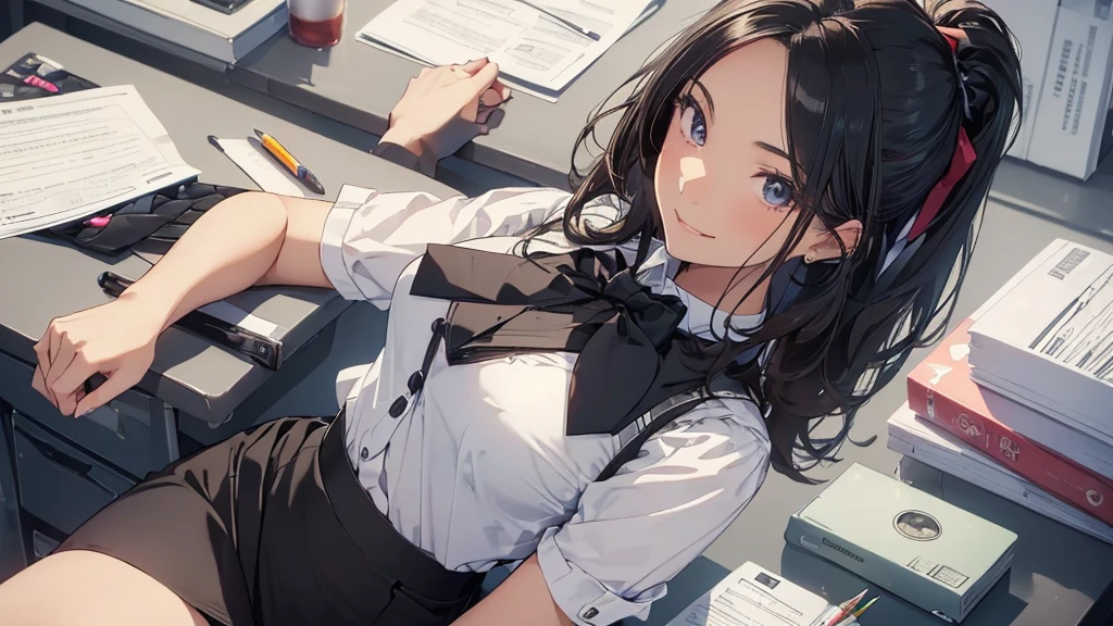 1 girl, Solo, 25 years old, Best Quality, Ultra-detailed, 8K, High resolution, Detailed face, from below, black hair, (((half up))), light smile, happy, (((office leady, office uniform, vest, bowtie, pencil skirt, ID card))), in the office, holding a bundle of papers,
