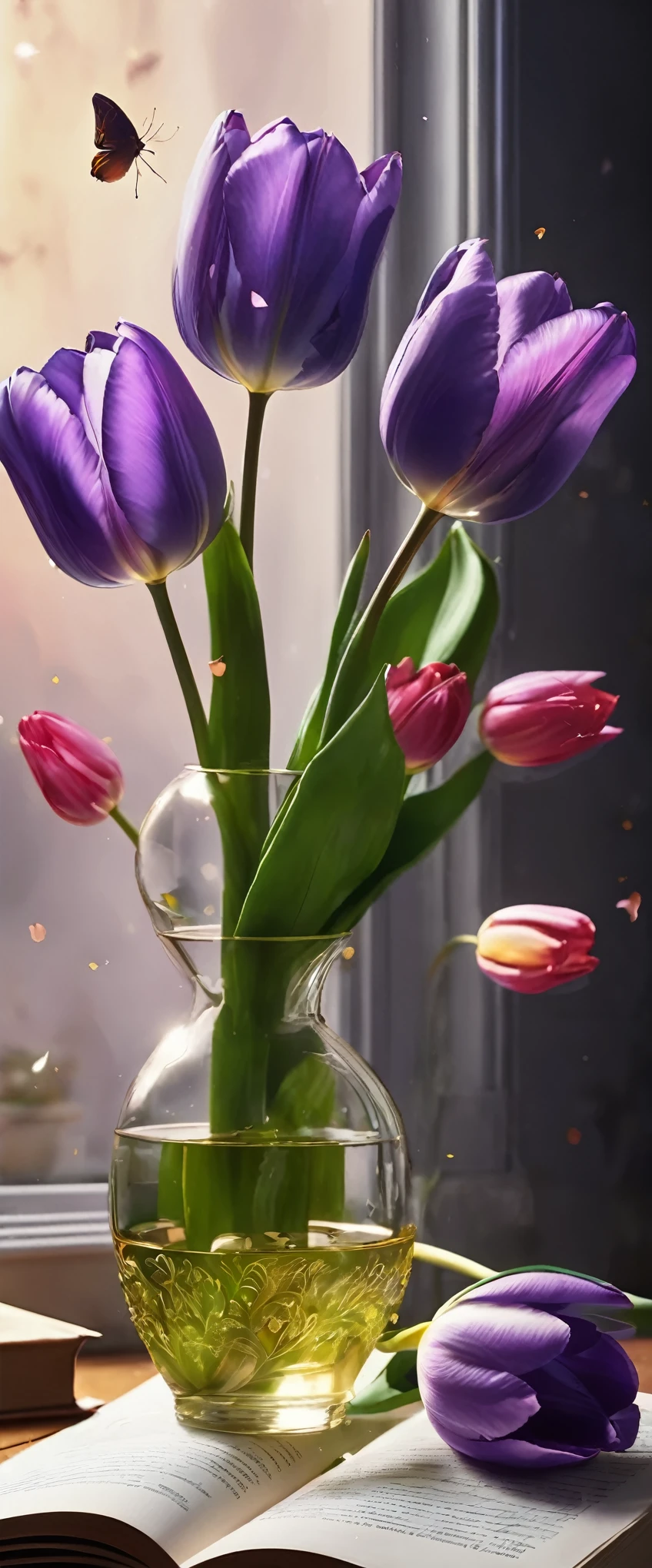 (8k, Highest quality, masterpiece: 1.2), (Realistic: 1.37), Very detailed, Close-up, (Tinkerbell and Tulips:1.2), vase１Tulip flowers on a desk, , , Small faint lights, flying fairies, night, , Intricate details, Splash screen, 