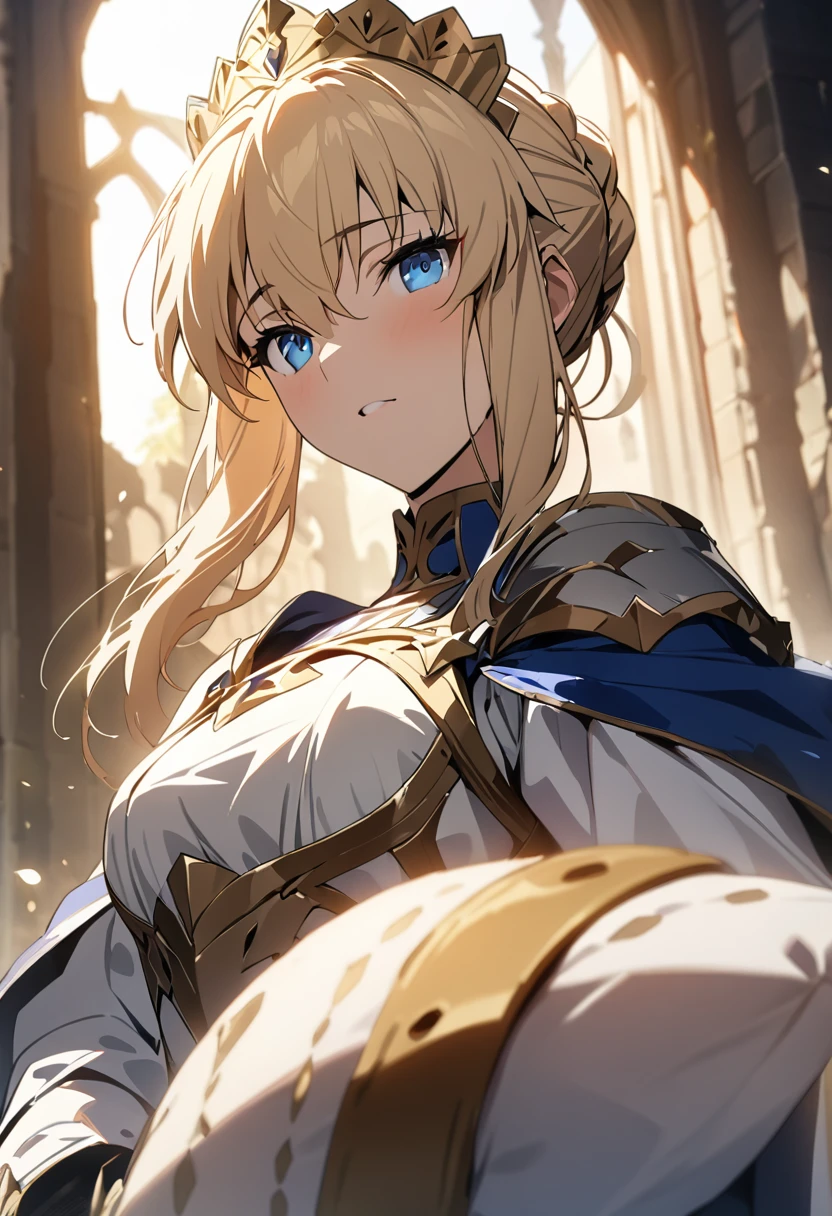 (masterpiece:1.2), (highest quality:1.2), Perfect Eyes, Perfect Face, Perfect lighting,1girl, holding sword artoria pendragon \(fate\), fate \(series\) perspective medieval beautiful, aesthetic, detailed, beautiful color amazing quality, best quality, high quality