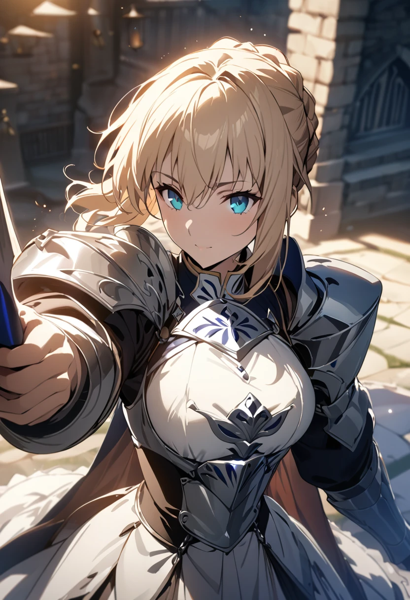 (masterpiece:1.2), (highest quality:1.2), Perfect Eyes, Perfect Face, Perfect lighting,1girl, holding sword artoria pendragon \(fate\), fate \(series\) perspective medieval beautiful, aesthetic, detailed, beautiful color amazing quality, best quality, high quality