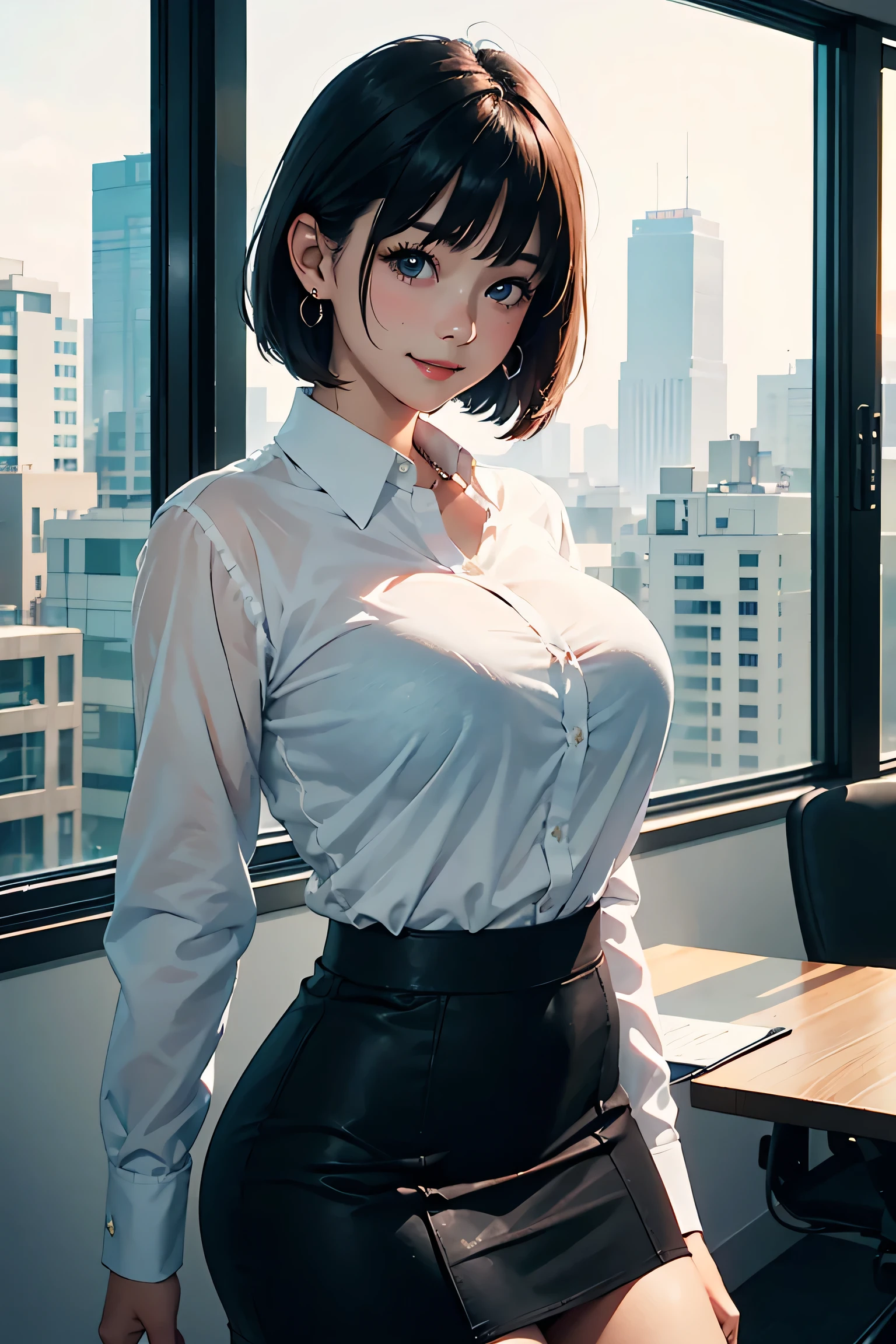 (masterpiece:1.2, Highest quality), (Realistic photos), Beautiful illustrations, (Natural side lighting, Cinema lighting),High detail、1 girl, Japanese、20-year-old female, Perfect Face, Symmetrical cute face, Glowing Skin, (Black short bob), Dark blue eyes, (Huge breasts:1.2), Slender build, Flowing bangs、Beautiful Hair, Beautiful Face, Fine and beautiful eyes, Beautiful body, Beautiful breasts,Earrings、 (White collared shirt、Black tight skirt),smile、Blushing、stand、Inside the company、conference room、Outside the window is night