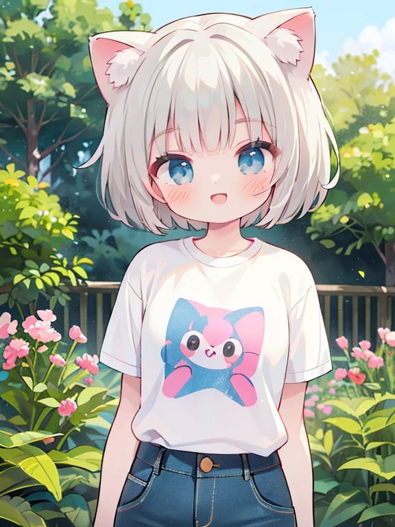 (One girl), cute, (smile:1.3), Open your mouth, (Cat ear), (Gray Hair), Bobcut, (garden), (Put your hands behind your back), {Design T-shirt, Denim pants}, Upper Body Shot, ((Highest quality)), ((masterpiece)), (detailed), Perfect Face, Perfect Arms, Perfect hands, Perfect Fingers, anime, Ultra-fine illustration,