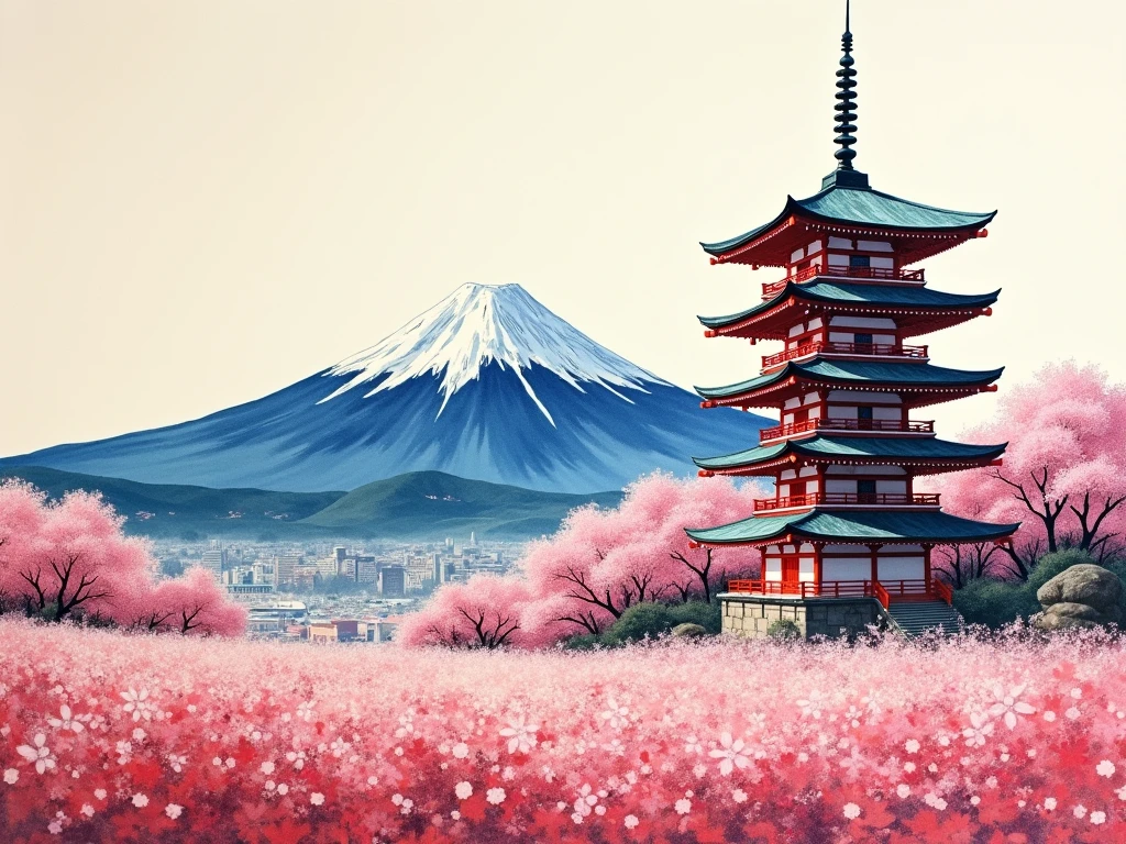 Painting of a Japanese five-story pagoda in a flower field with a mountain in the background, The art of Japan style, The art of Japan, The art of Japan art, Japanese painting, Japanese Watercolor Painting, Japanese painting, Japanese Landscape, traditional Japanese painting, hiroya oku painterly, Inspired by Kawase Hasui, Influenced by Kisaragi, sakura season, Cherry blossoms bloom, Fuji Mountain