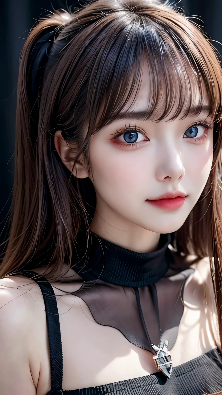 masterpiece, highest quality, Super detailed, Facing the camera, Super detailed, Realistic, Sharp features, Very detailed, Sharp focus, Perfect Face, Perfect Face, Perfect symmetrical perfect eyes, Perfect Plump Lips, Flexible female form, cinematic, Film Light, Super detailed, hyper Realistic, masterpiece, Atmospheric, High resolution, Vibrant, Dynamic Studio Lighting, ((Dark Background)), The expression when enduring pleasure, Straight bangs, Blue eyes,Black sweater, Cowboy Shot,The cleavage is visible、first round、Sexually aroused expression