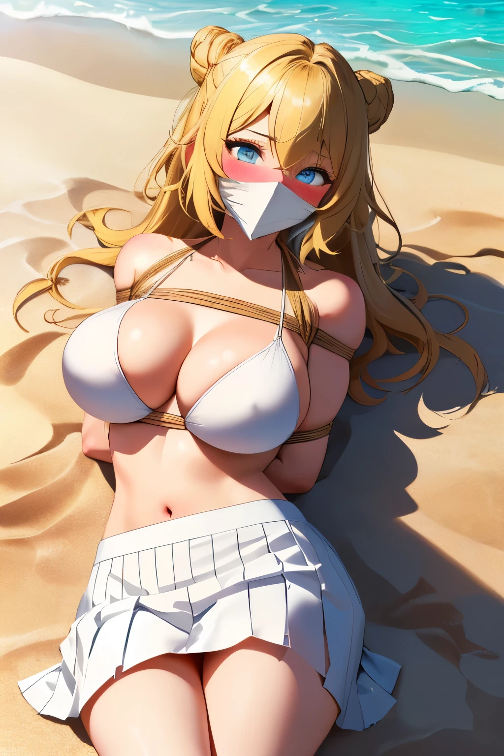 1 girls, (detailed light blue eyes, lange wimpern, detailed beautiful face:1.2), 4k quality, lazy bun, (Long blonde hair:1.5), (arms behind back:1.3), (big breasts:1.6), (blushing:1.3), long hair, hair between eyes, (White skirt, skirt lift, White Bikini with big cutouts, 18 years old:1.5), (bondage:1.3), pralle Brüste, OTN, White Gag, gagged, (liegend:1.7), (laying on a beach near the water in the sand:1.6)