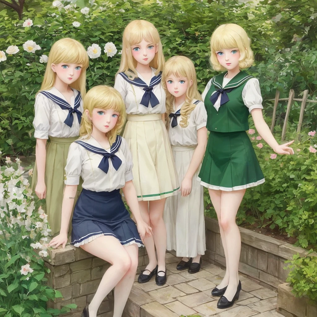 3 girls, long hair, Big , Blushing, blond, Green-eyed sailor suit short skirt 1933 style cute and beautiful girl 18 years old in the garden 美麗的長腿