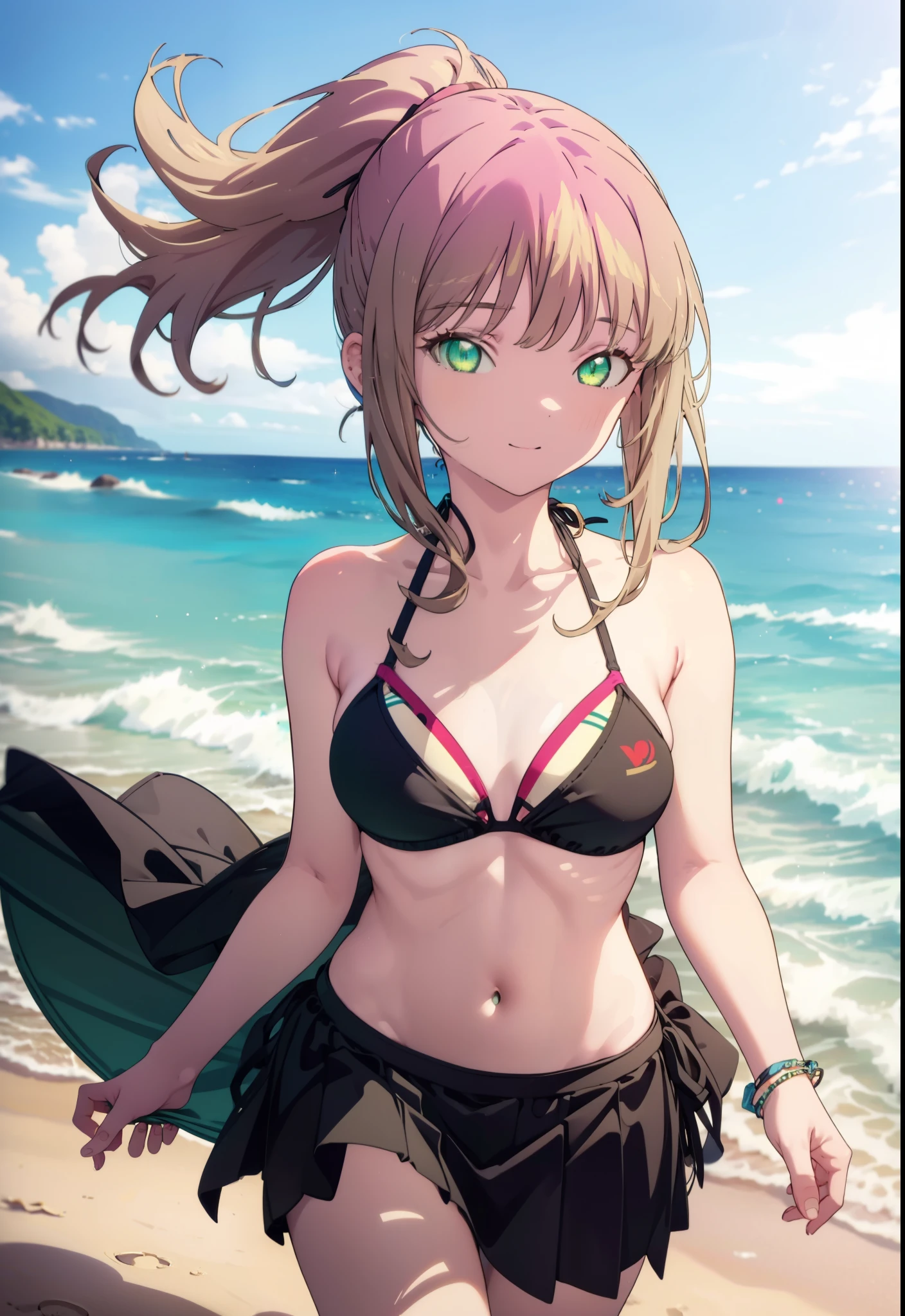 minami yume ,sss Dynazenon ,Long Hair, Brown Hair, (Green Eyes:1.5) ,smile,Open your mouth,Medium Breast,hair band,ponytail,Black bikini string swimsuit,A thin long skirt is wrapped around her waist,barefoot,Daytime,Clear skies,Sandy Beachを散歩している,
break looking at viewer, whole body,(Cowboy Shot:1. 5),
break outdoors, Beach,Sandy Beach,
break (masterpiece:1.2), Highest quality, High resolution, unity 8k wallpaper, (shape:0.8), (Beautiful and beautiful eyes:1.6), Highly detailed face, Perfect lighting, Extremely detailed CG, (Perfect hands, Perfect Anatomy),