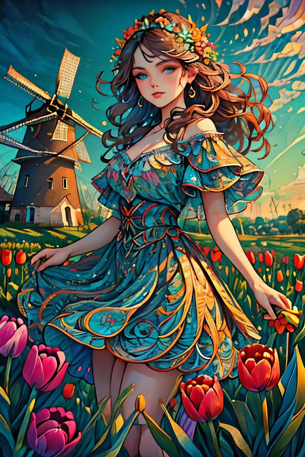 ultra detailed, sharp focus, 8k, high definition, insanely detailed, intricate, Attractive woman with her hair blowing in the wind, striking blue eyes, (Dutch tulip camp:1.2) in the background, windmills, a vibrant and elegant scene, zentangle style