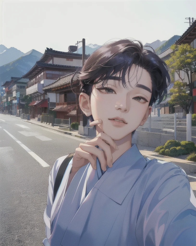 there is a woman taking a selfie on the street, with mountains in the background, inspired by Yeong-Hao Han, taejune kim, kim doyoung, south korean male, hyung tae, hong june hyung, inspired by jeonseok lee, with mountains in background, jimin, inspired by Kim Myeong-guk, jaeyeon nam, seseon yoon