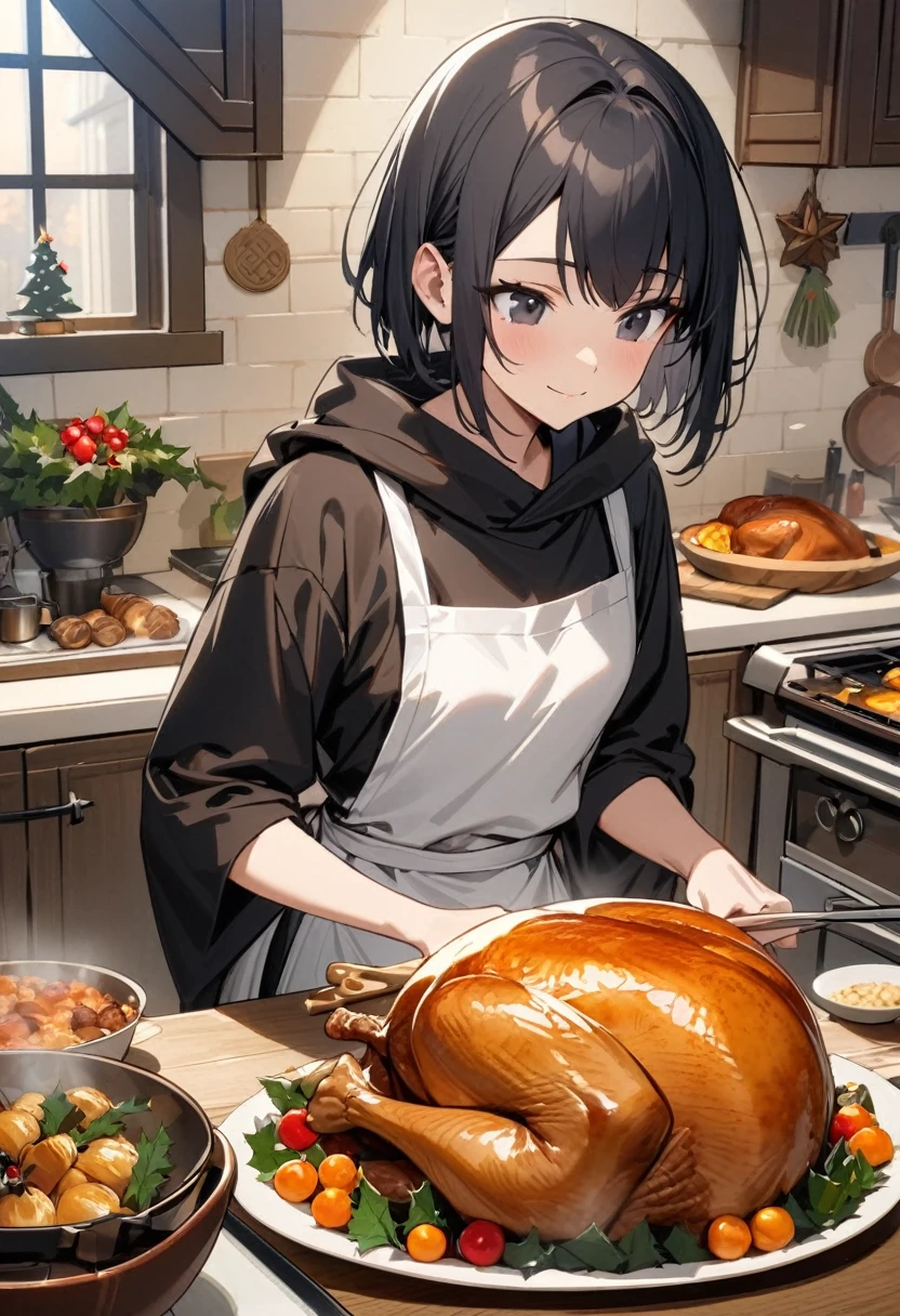 (masterpiece,absurdres), (best quality, high quality:1.4), perfect design,(1girlsolo,17 years old, black hair, short hair, black eyes, light smile, closed mouth, Japanese monk's black robe, buddhist black robe, long robe, white coverall apron, White cooking apron, white Kappogi, white apron, slender girl:1.3), (upper body,looking at food,cooking Lots of Christmas foods in the kitchen,Lots of Christmas foods on the table, turkey, Medieval European coffee shop kitchen)