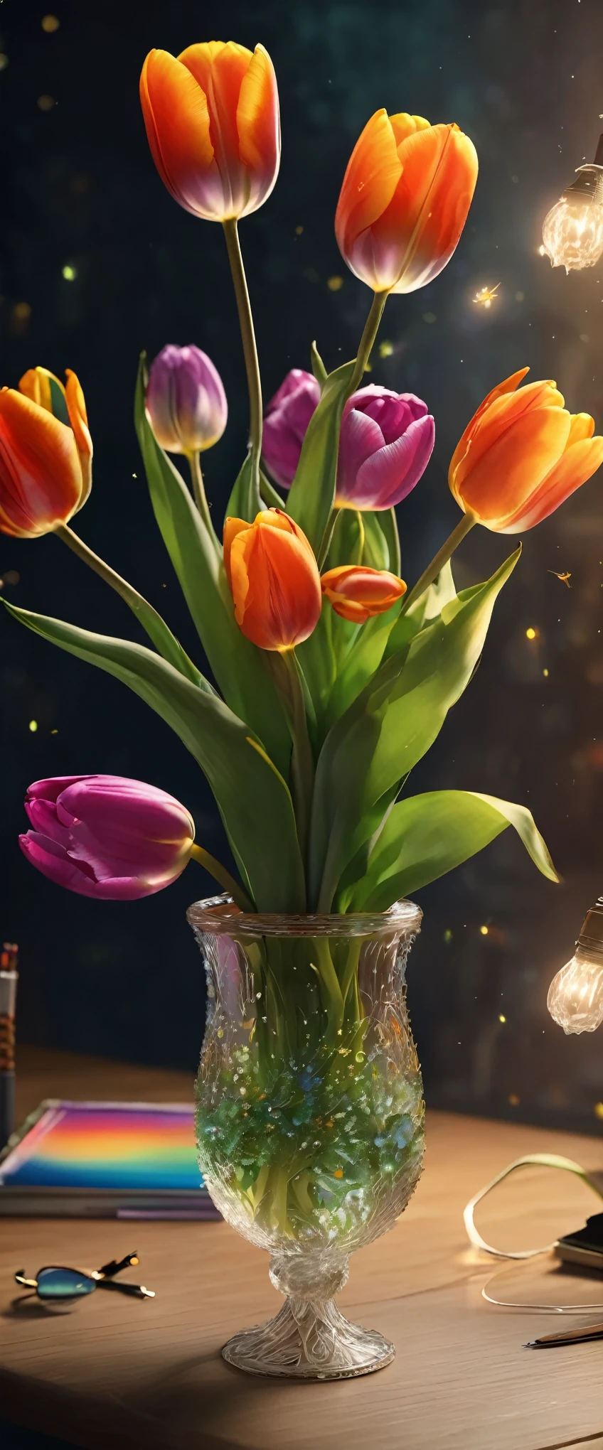 (8k, Highest quality, masterpiece: 1.2), (Realistic: 1.37), Very detailed, Close-up, (Tinkerbell and Tulips:1.2), vase１Tulip flowers on a desk, , , Small faint lights, flying fairies, night, , Intricate details, Splash screen, 