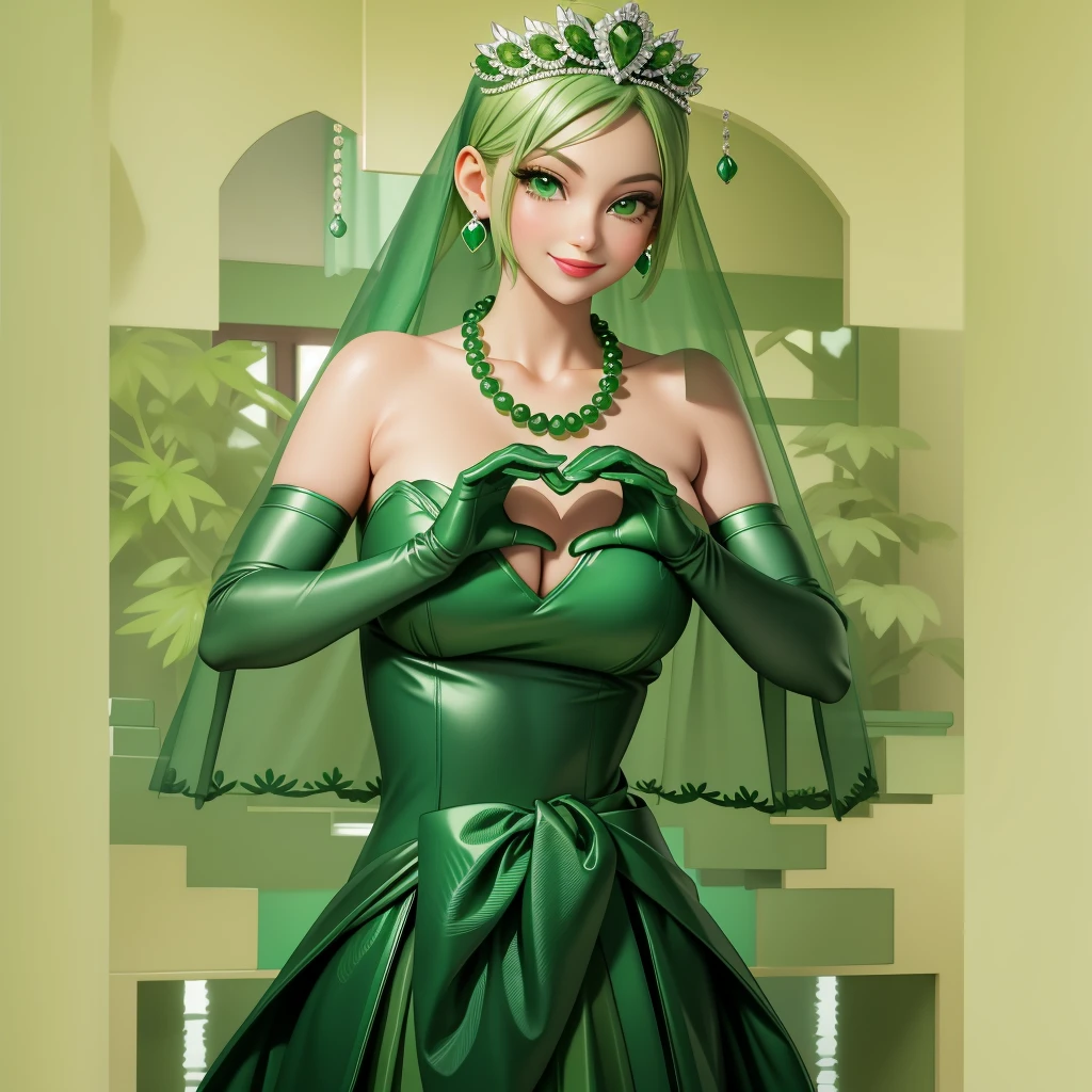 Emerald tiara, Green Pearl Necklace, Boyish very short green hair, Green Lips, Smiling Japanese woman, Very short hair, Busty beautiful lady, Green Eyes, Green satin long gloves, Green Eyes, Emerald Earrings, Green veil, Heart with both hands, Green Hair, Beautiful Japanese Women, Heart shaped hands:1.3, green lip gloss