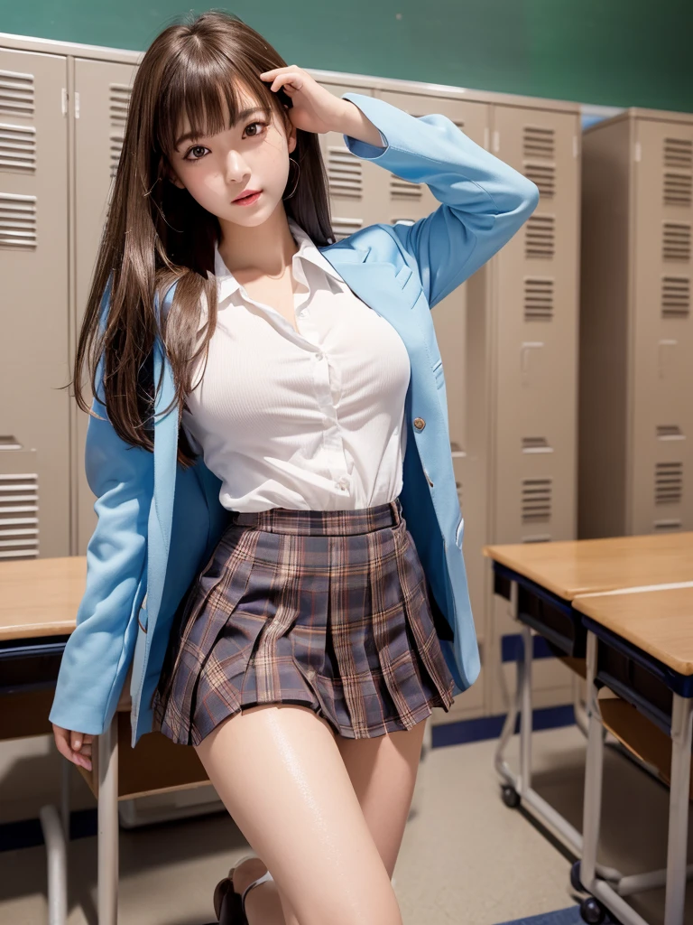 masterpiece,Highest quality,1 girl,Cowboy Shot,Front view,Young and pretty girl in Japan,Daytime, ((High school classroom:1.5)),((locker room:1.2)),((Schoolyard:1.4)),Schoolgirl uniform,blazer,wear,wear a super short blue plaid pleated micro mini skirt,No underwear,Very cute face,Glossy Lips,Double eyelids on both eyes,(Natural Makeup),shiny smooth light brown long hair,,,Asymmetrical bangs,Center image,8k resolution,Attention to detail,Detailed hairstyle,Detailed face,Cinema Lighting,Octane Rendering,Ultra-realistic,Perfect limbs,Beautiful legs,Voluptuous thighs,Huge breasts,(Glowing Skin,Sweaty:1.3)Perfect Anatomy,Spread your legs,((Provocative dynamic pose)),Skirt flip