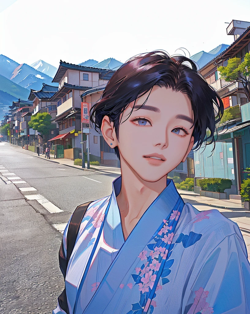 there is a woman taking a selfie on the street, with mountains in the background, inspired by Yeong-Hao Han, taejune kim, kim doyoung, south korean male, hyung tae, hong june hyung, inspired by jeonseok lee, with mountains in background, jimin, inspired by Kim Myeong-guk, jaeyeon nam, seseon yoon