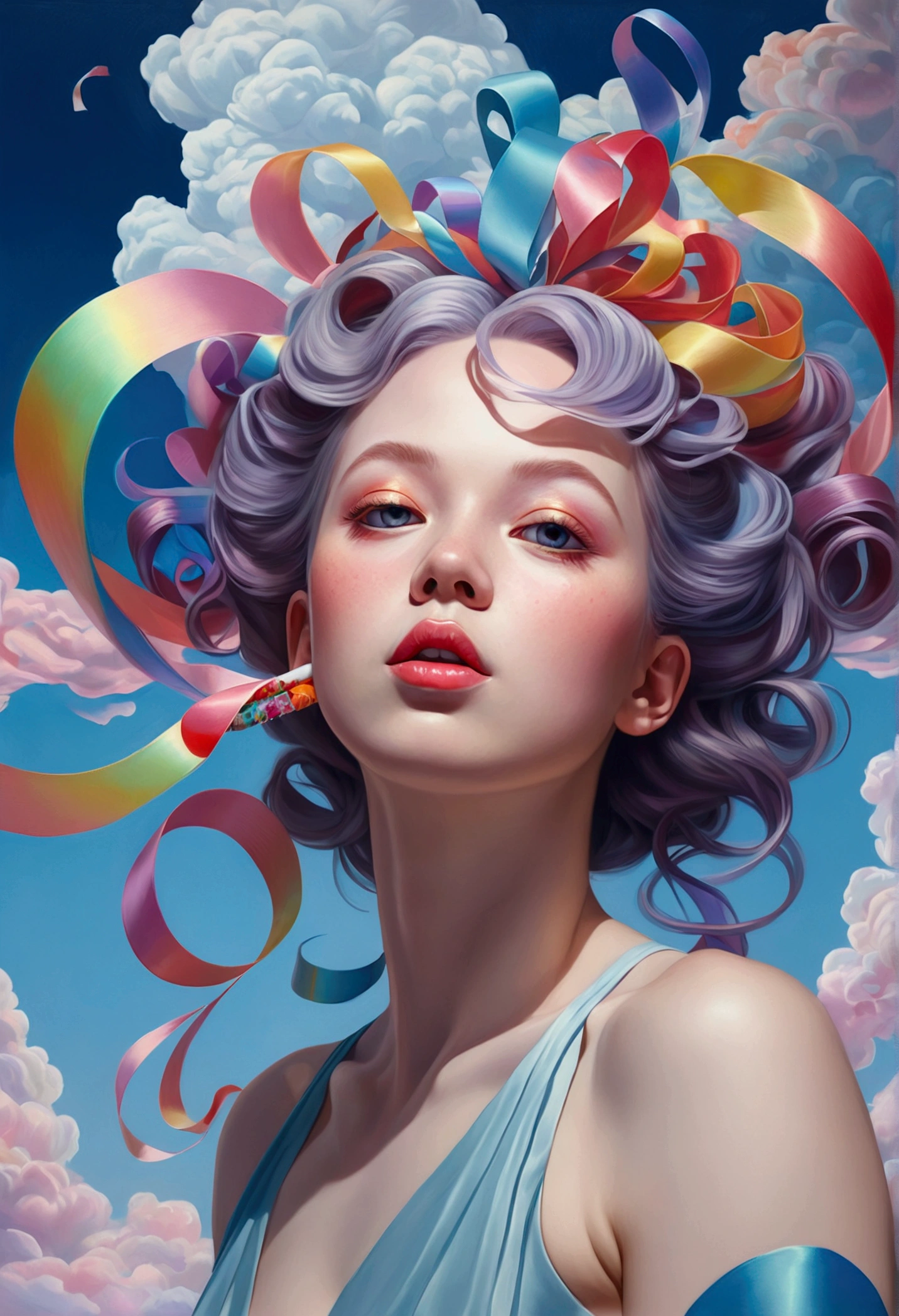 _James Jean, Floating female figure made of ribbon, smokes, in the sky, Colorful, Mysterious colors, Contemporary Impressionism, yanjun cheng portrait painting, Rainbow painting, 3/4 Perspective, Cute face, Low Angle, Sweeping and circling composition, big、Beautiful crystal eyes, Large irises, Ultra HD, HDR, 8K, (masterpiece:1. 5), (The most beautiful portraits in the world:1.5)