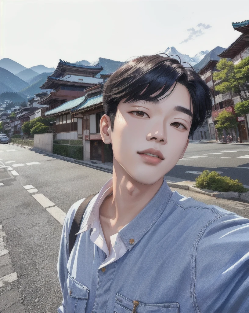 there is a woman taking a selfie on the street, with mountains in the background, inspired by Yeong-Hao Han, taejune kim, kim doyoung, south korean male, hyung tae, hong june hyung, inspired by jeonseok lee, with mountains in background, jimin, inspired by Kim Myeong-guk, jaeyeon nam, seseon yoon