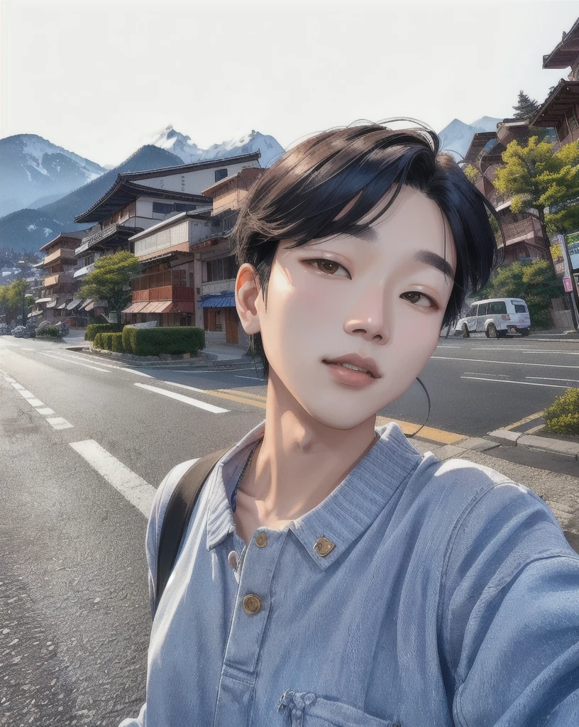 there is a woman taking a selfie on the street, with mountains in the background, inspired by Yeong-Hao Han, taejune kim, kim doyoung, south korean male, hyung tae, hong june hyung, inspired by jeonseok lee, with mountains in background, jimin, inspired by Kim Myeong-guk, jaeyeon nam, seseon yoon