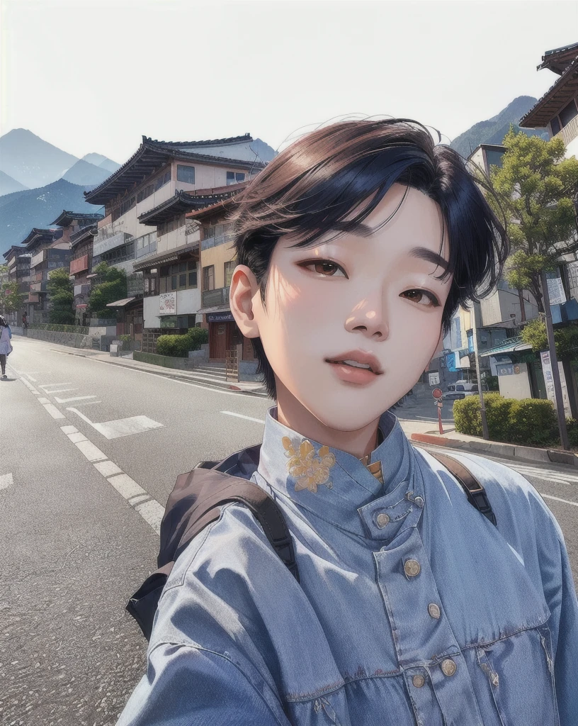 there is a woman taking a selfie on the street, with mountains in the background, inspired by Yeong-Hao Han, taejune kim, kim doyoung, south korean male, hyung tae, hong june hyung, inspired by jeonseok lee, with mountains in background, jimin, inspired by Kim Myeong-guk, jaeyeon nam, seseon yoon