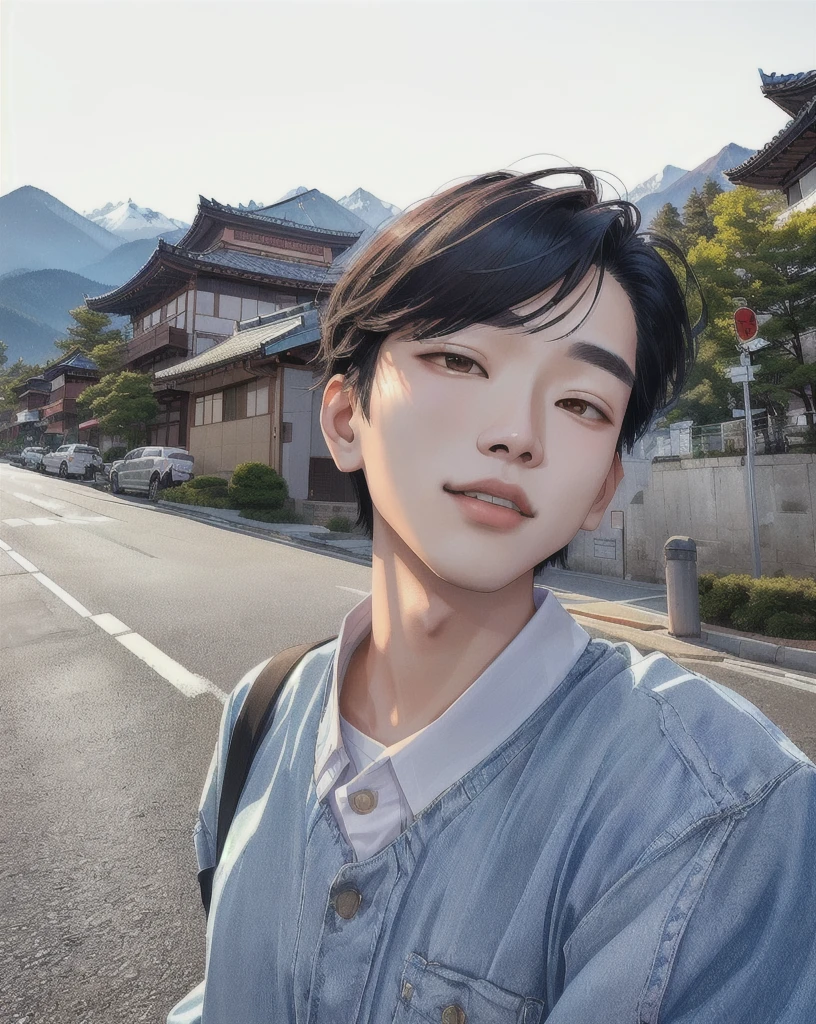 there is a woman taking a selfie on the street, with mountains in the background, inspired by Yeong-Hao Han, taejune kim, kim doyoung, south korean male, hyung tae, hong june hyung, inspired by jeonseok lee, with mountains in background, jimin, inspired by Kim Myeong-guk, jaeyeon nam, seseon yoon