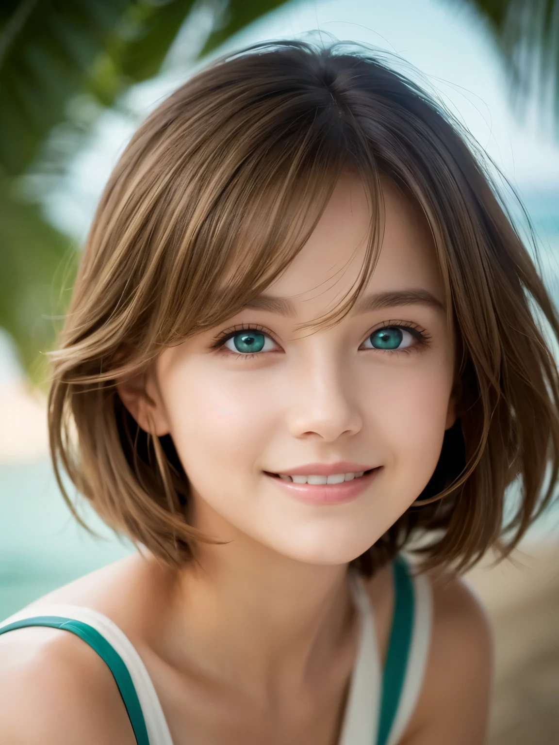Cinematic soft lighting illuminates the beautiful space。, Very detailed, Beach look, Light brown hair ultra short messy, Bright green eyes, A captivating perfect smile, Sensual, so beautiful, Who&#39;Trending in ArtStation?. Octane is、that&#39;It&#39;s the perfect tool to capture the smoothest details of this 16K photographic masterpiece.