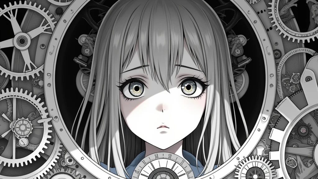 Highest quality, Super Fine, 16K, Incredibly absurd, Very detailed, delicate and dynamic, With mechanical mechanism, Clockwork mechanics, and gear mechanism, A monochrome girl peering into it, (Heterochromia iridis), Lighting Effects, Prism Effect, Mirror Effect,steampunk、