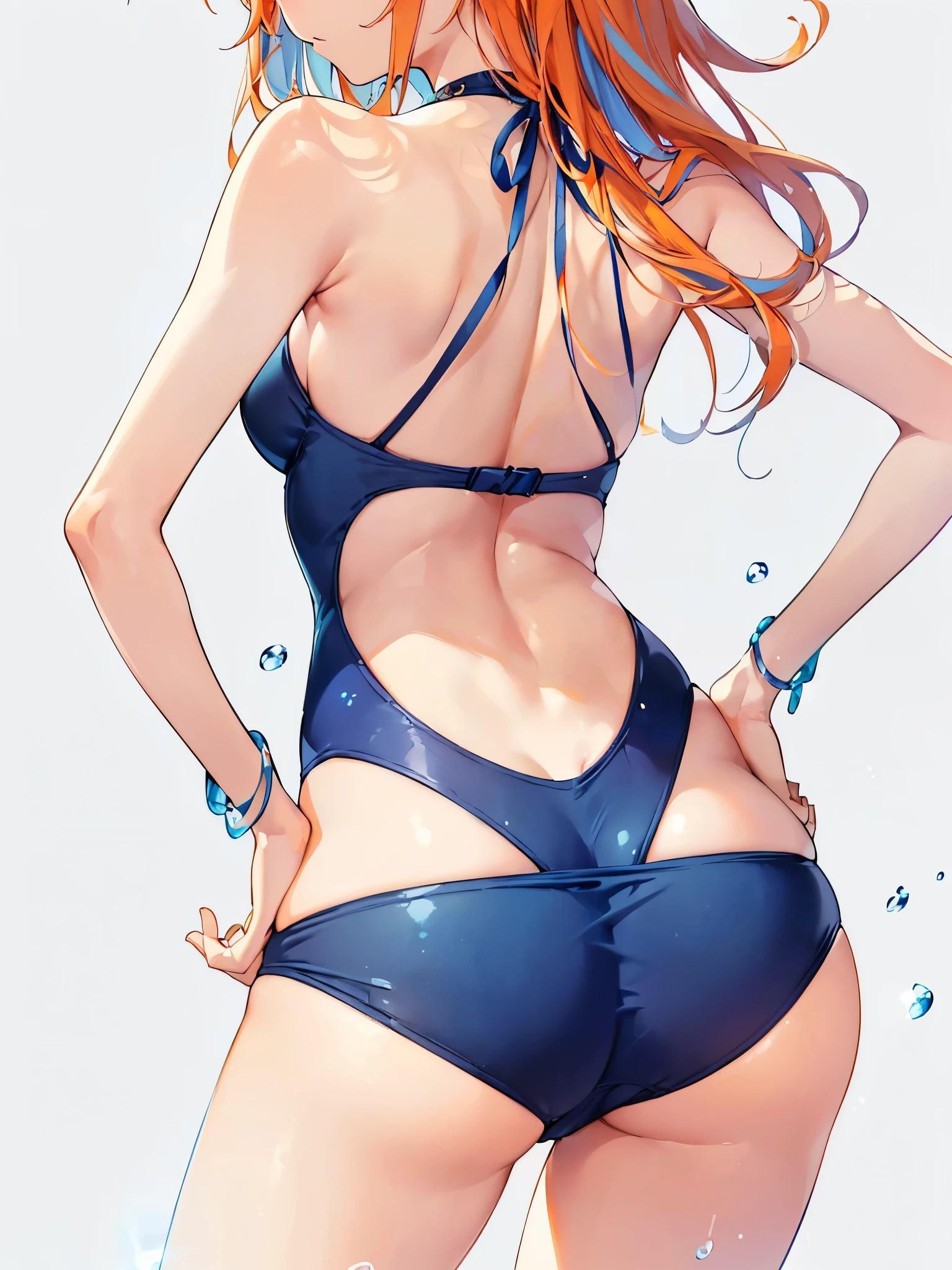 A cute girl in a swimsuit(original bikini swimsuit)(Small body) (:1.5), (blonde:1.5)(eyelash:1.2)(eye shadow:1.3) (Blue eyes:1.5), (Beautiful fine details:1.4) (Blue eyes)(Orange Hair:1.3) (White skin:1.2)Height: 130cm, original character, Fantasy, View Viewer Art: (A girl with beautiful deep eyes. The depth of field in the photo is perfect、Lens flares create a nice atmosphere. The details of her face really stand out, This photo definitely gets a 10 or more.. background, There is a beautiful sea with crystal clear water and water droplets floating on the surface.