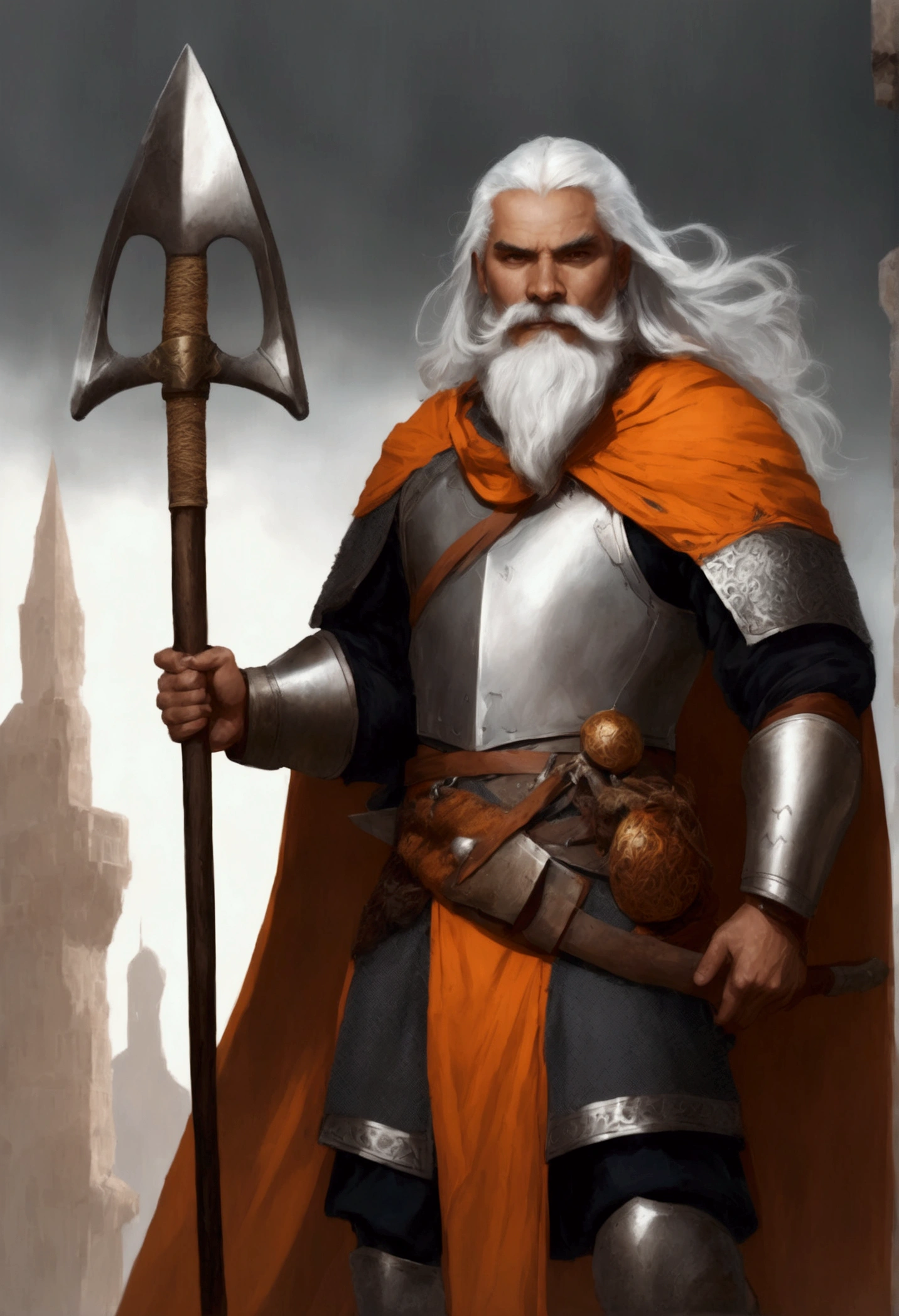 Areo is broad-shouldered with long white hair and a dark mustachio and dark beard. He has a seamed and scarred face. He wears orange chain-mail, a cloak of yellow silk and helmet wrapped in orange silk. His weapon is a six feet long axe