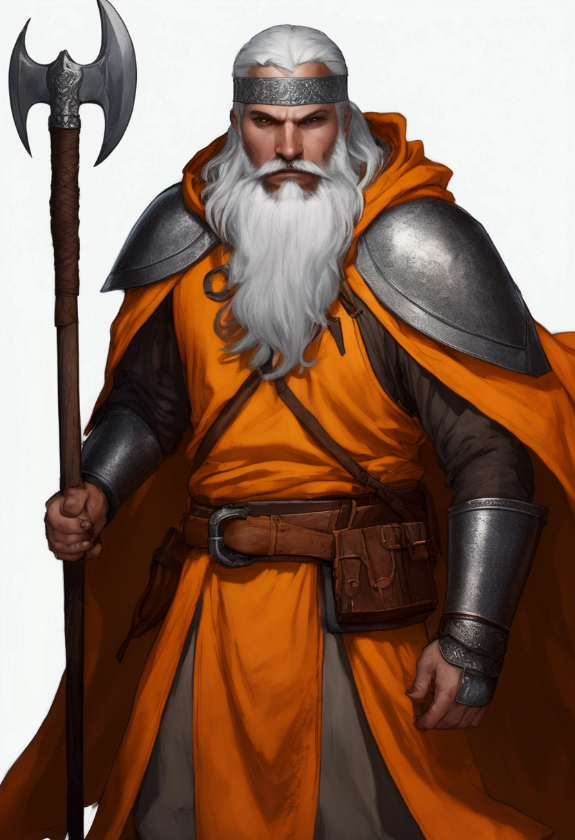 Areo is broad-shouldered with long white hair and a dark mustachio and dark beard. He has a seamed and scarred face. He wears orange chain-mail, a cloak of yellow silk and helmet wrapped in orange silk. His weapon is a six feet long axe