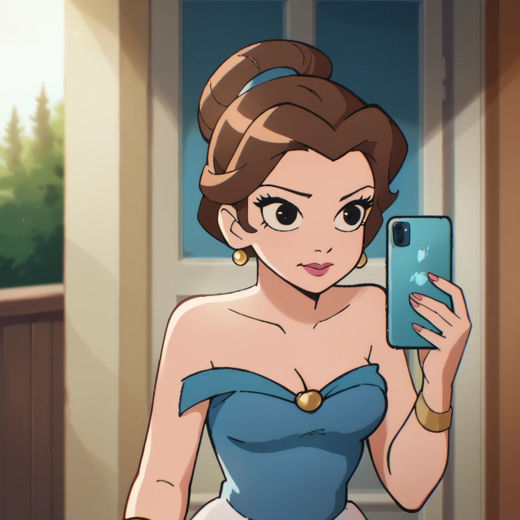 score_9_presence, score_8_up, Belle, wrapped in towel, medium breasts, cleavage, holding phone