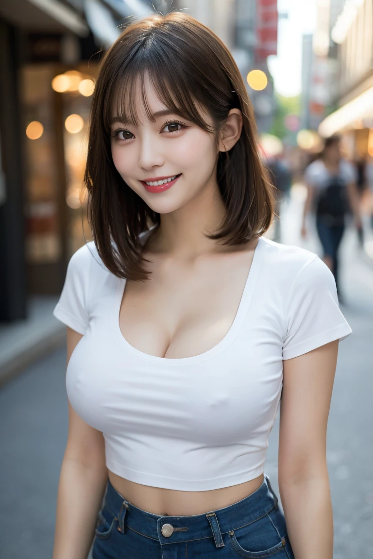 Shopping Street: Tight shirt and shorts, Highest quality, shape, Very detailed, In detail, High resolution, 8k wallpaper, Perfect dynamic composition, Beautiful details,  Natural Lip, Tight T-shirt, Nipples are visible, Big Breasts, Cleavage, Protruding nipples, She is smiling in a cute pose.., A masterpiece of the whole body, Side Short