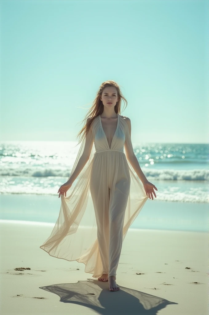 A woman on the beach,Facing the camera,Extend your arms and legs forward,No shoes