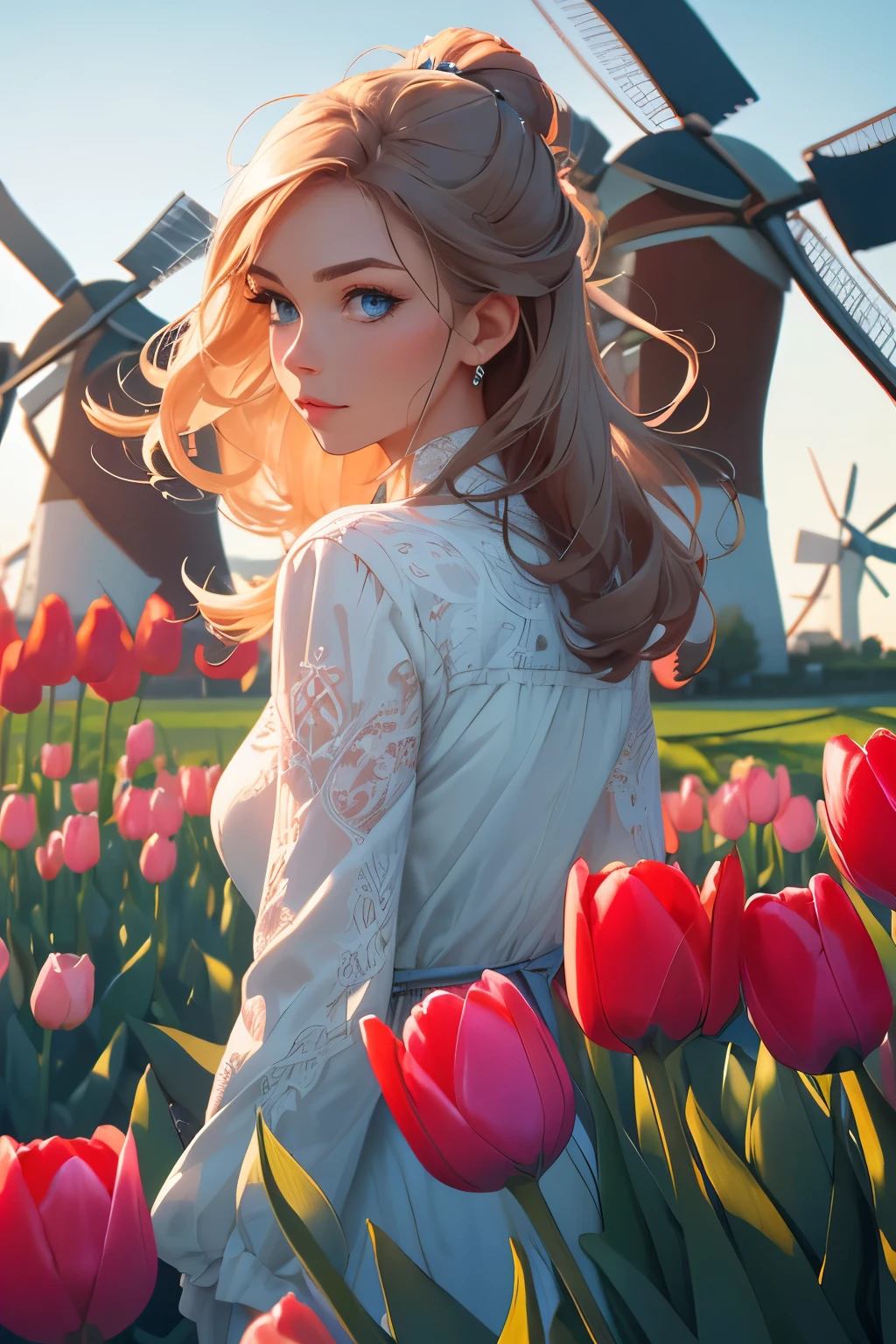 ultra detailed, sharp focus, 8k, high definition, insanely detailed, intricate, Attractive woman with her hair blowing in the wind, striking blue eyes, (Dutch tulip camp:1.2) in the background, windmills, a vibrant and elegant scene, zentangle style