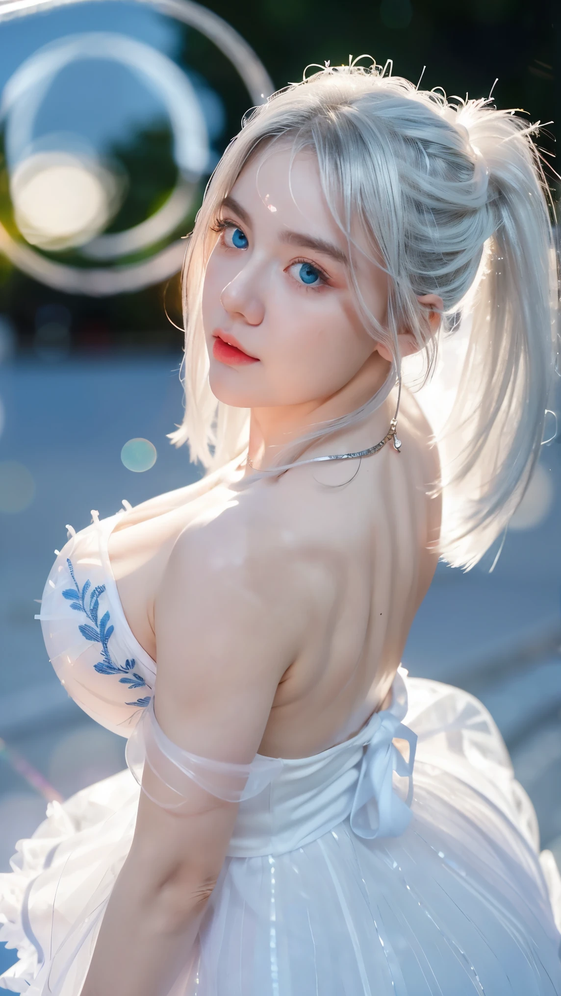 close-up of beautiful korean female, 34 inches breasts size, blue eyes, wearing as Cloud from Final Fantasy, cinematic scene, UHD 