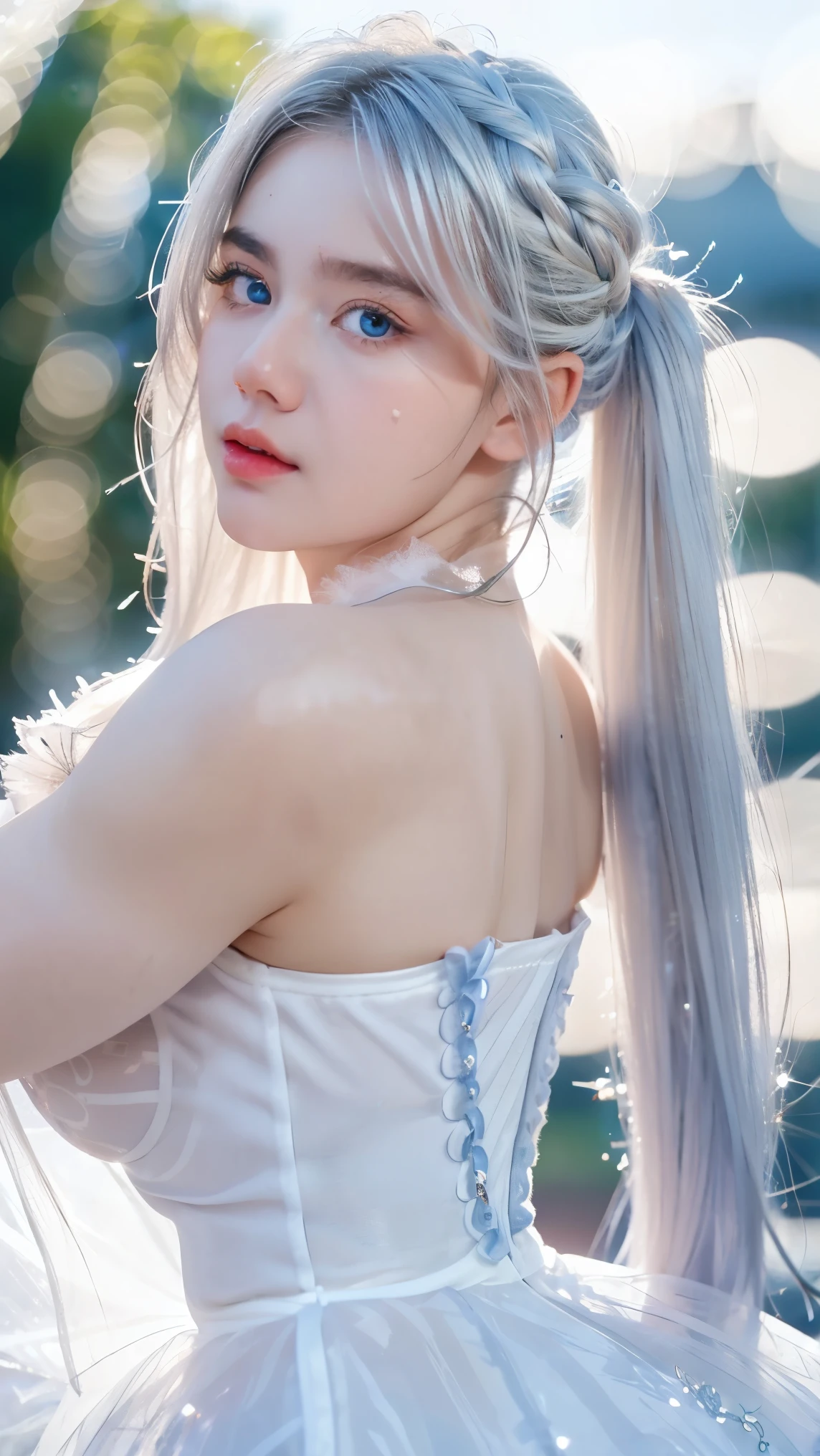 Georgeous, Beautiful, Cute, Baby Face, 18 Years Old, White Skin, Cleavage, ((Large Colossal Breast:1.3)), Sleeveless, Off Shoulder, Strapless, ((Transparent:1.3)), ((White Long ****ta Dress)), (Embroidery), Posing, ((Silver Hair)), ((Bright Blue Eye)), ((Muscles:1.3)), ((Bokeh:1.3)), Animal Farmer Background, Masterpiece, Twintails