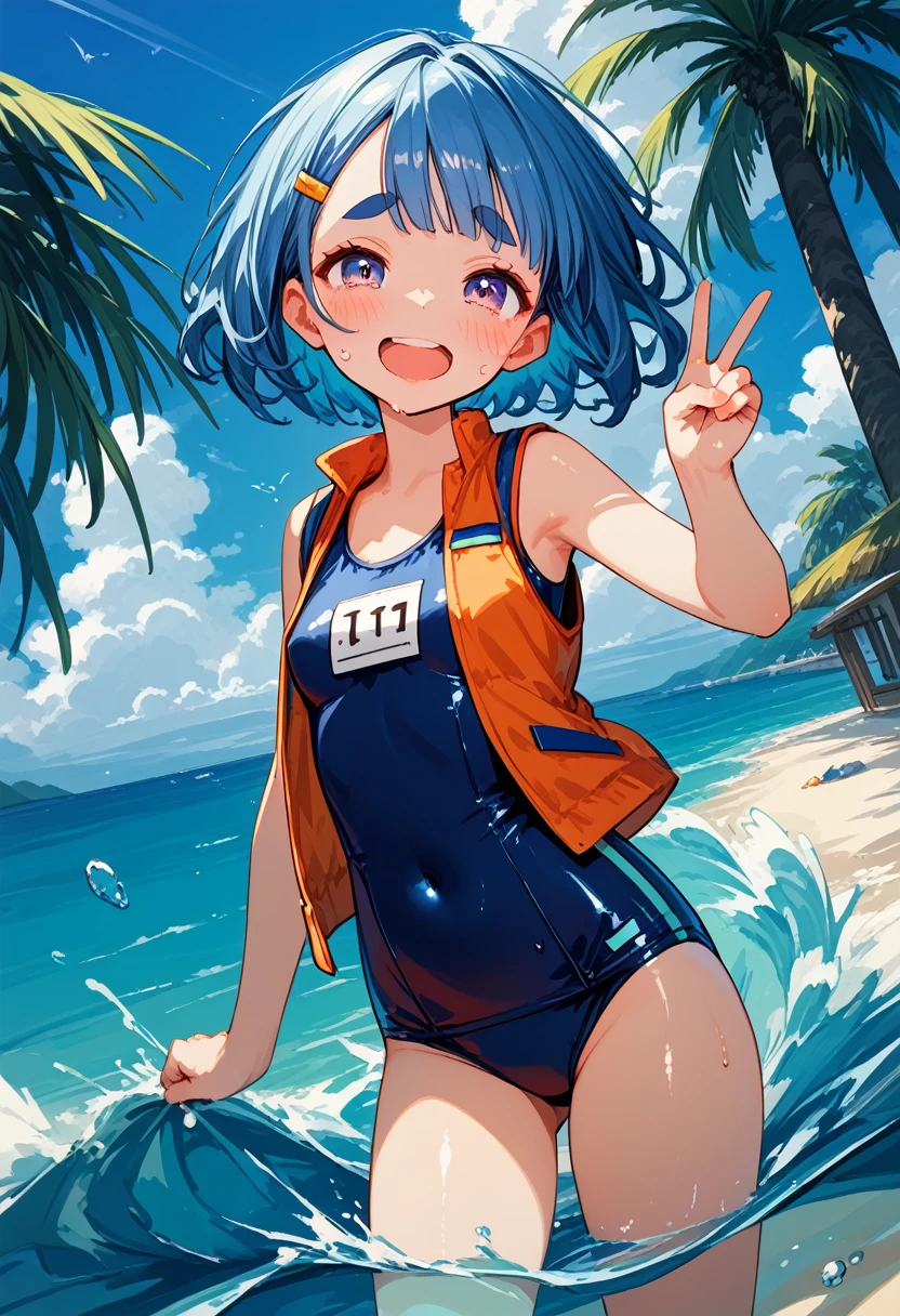 score_9, score_8_up,score_7_up,flat color,(best quality, masterpiece, ultra high-resolution, ultra-detailed), Girl in the sea, waikiki beach,wearing a life vest over her school swimsuit,shiny skin, BREAK (girl,,detailed face,(darkblue wavy-short hair),middle thick eyebrows,middle small breasts),V-sign with both hands,orgasm face,