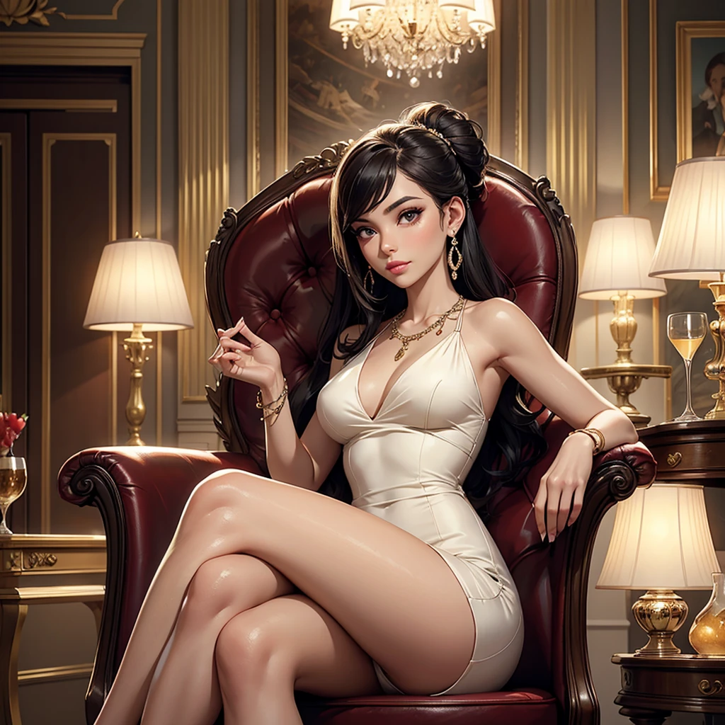 1_girl, solo, Pose: Woman seated with one leg crossed over the other, slightly leaning forward with a graceful posture.Expression: Serene and elegant, with a soft smile or a thoughtful gaze.Attire: A sophisticated evening gown or chic cocktail dress that complements the luxurious setting.Hair: Styled in soft waves, an elegant updo, or sleek and straight.Makeup: Elegant, with emphasis on the eyes and lips to enhance her natural beauty.Background: A luxurious indoor setting such as a lavish living room, an elegant lounge, or a classy dining area.Lighting: Soft, warm lighting that creates a flattering glow and adds depth to the image.Accessories: Delicate jewelry such as a necklace, bracelet, or earrings that enhance the overall look.Props: Optional, such as a stylish handbag, a glass of champagne, or a decorative element in the background.Mood: Graceful, refined, and sophisticated.