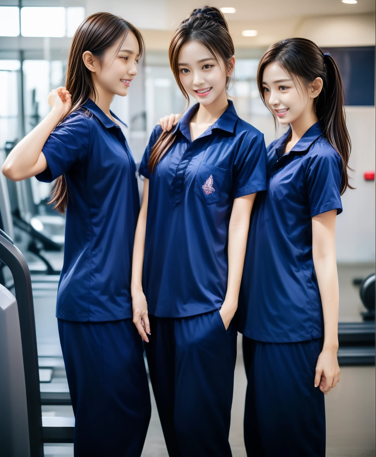 3 girls in fitness center, Navy blue short-sleeved shirt,Navy Long Trackpant,Sweatpants, Sweatpantsขายาว,25 year old girl, lesbian, sexy, exercise clothes, wet body, exercise clothes