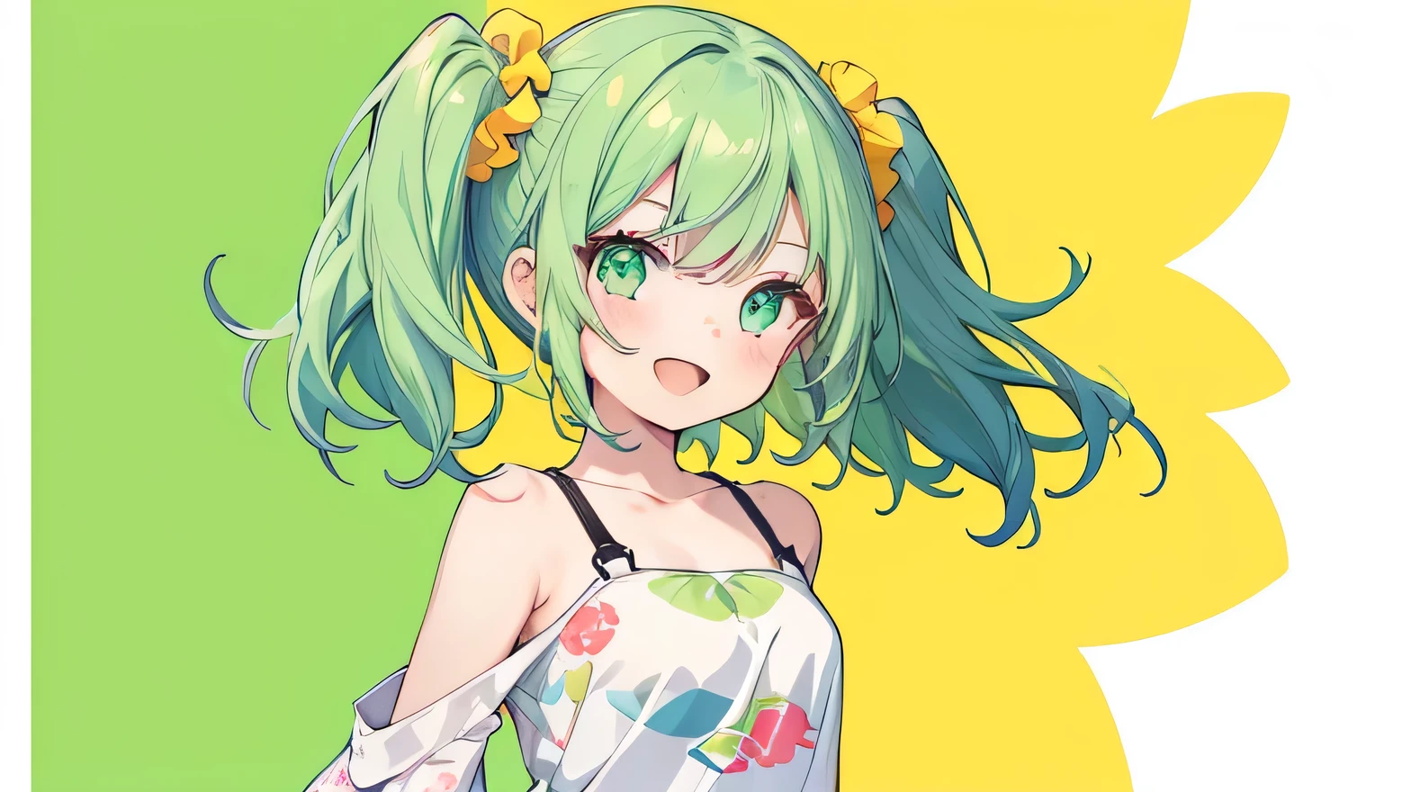 (masterpiece, Highest quality), one cute girl, the girl wearing (summer casual and cute clothes),  green Eyes, green hair, one side up, medium breasts, hair scrunchie, :d, summer sky, (((bold outline))),  Vector art, flat color,