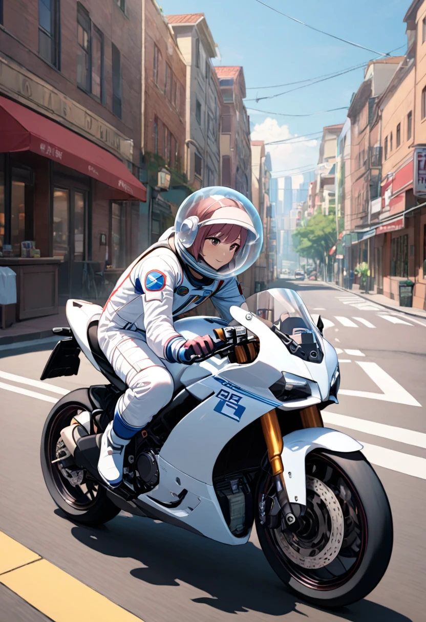 (spacesuit:1.15), white cargo pants, astronaut)bubble helmet, space helmet , , ride a motorbike, ride a motorbike, road, city