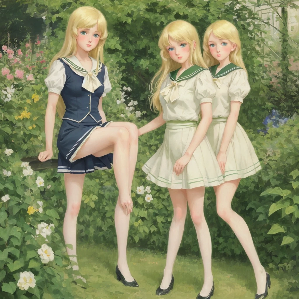 3 girls, long hair, Big , Blushing, blond, Green-eyed sailor suit short skirt 1933 style cute and beautiful girl 18 years old in the garden beautiful long legs high resolution, best quality, masterpiece,