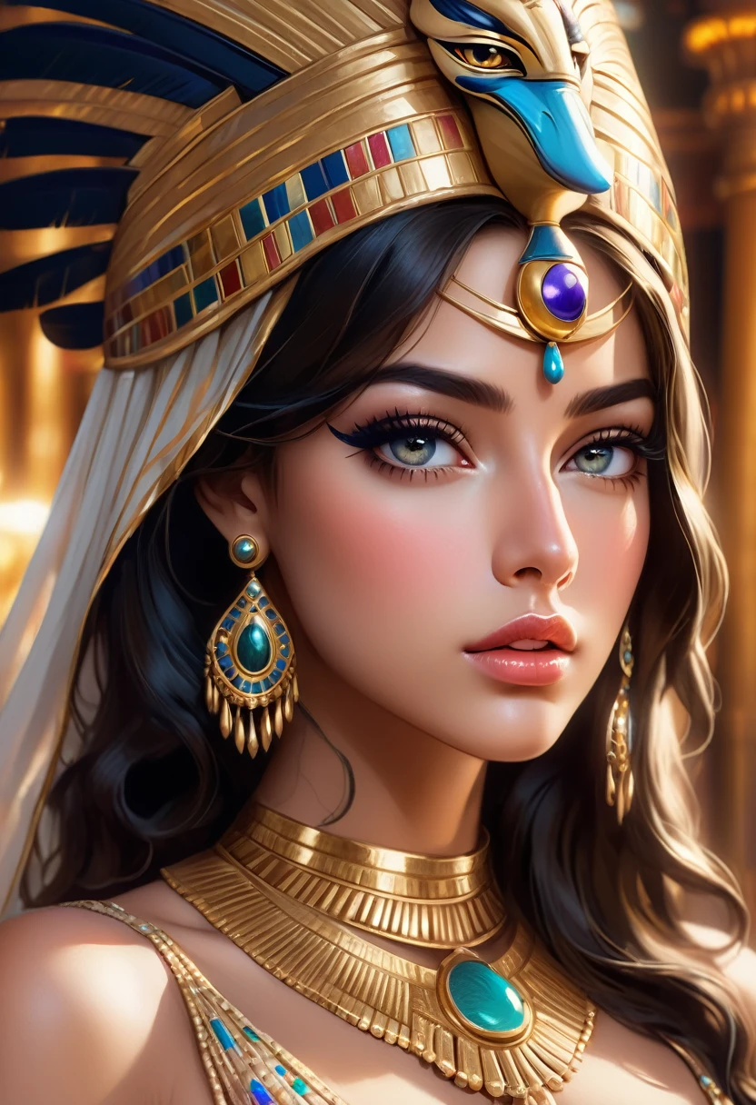 a very sensual cleopatra playing in a lavish casino, extremely detailed portrait, beautiful detailed eyes, beautiful detailed lips, extremely detailed face, long eyelashes, ornate egyptian headdress, opulent gold jewelry, dramatic eye makeup, sultry expression, elegant chiffon dress, dramatic lighting, rich color palette, cinematic composition, (best quality,4k,8k,highres,masterpiece:1.2),ultra-detailed,(realistic,photorealistic,photo-realistic:1.37),concept art