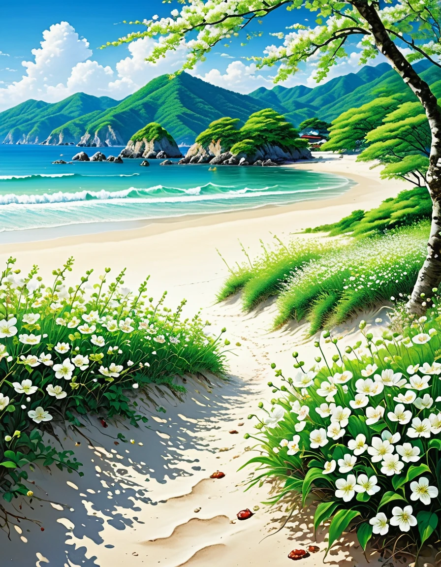 Highest quality, masterpiece, High resolution, scenery、The green earth, the seasonal flowers, the white sandy beaches and the pretty cherry shells. There is still warmth in people's hearts. The color of the sea is still cobalt. The good old days. Long, long ago., 20th Century The blessings of nature connect people and towns, lush roadside trees and towering skyscrapers, men still yearn for freedom, women still show kindness, a nostalgic time, long, long ago, 20th Century