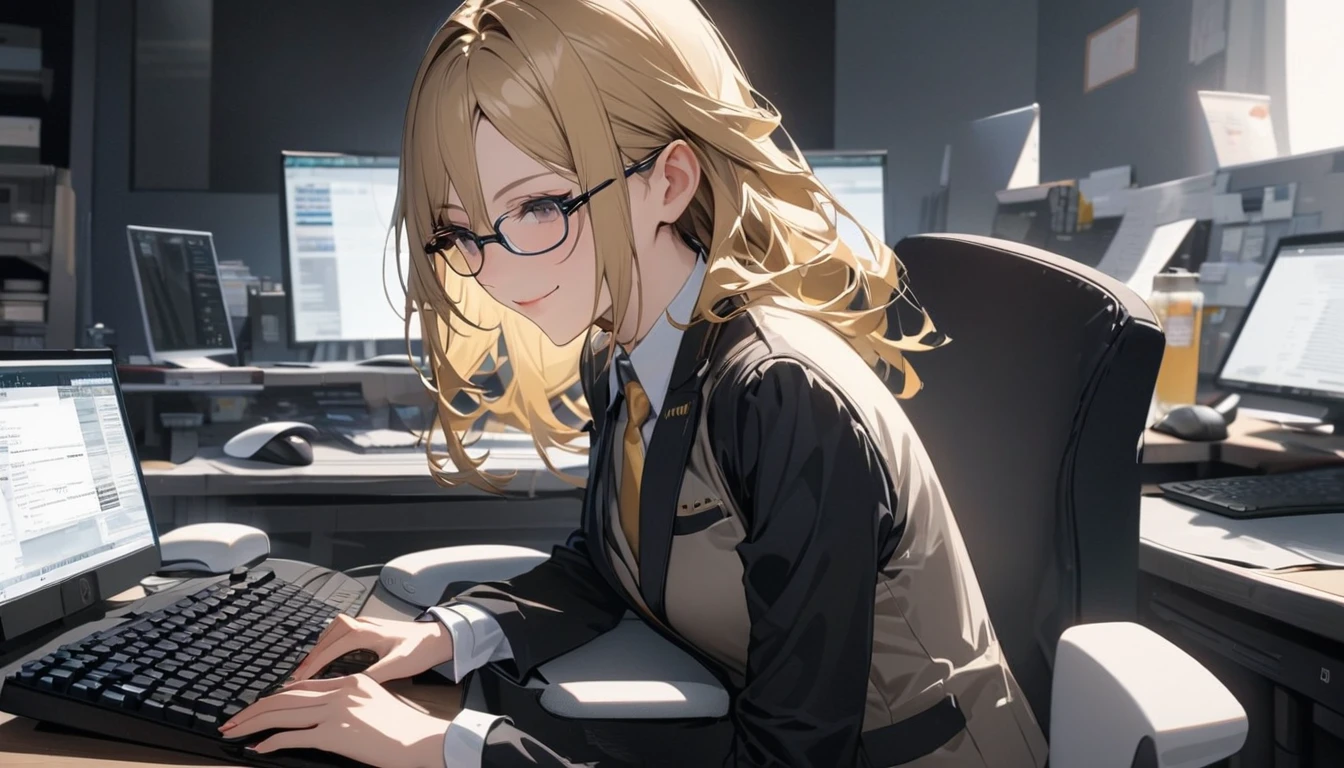 パソコンで仕事をするProfessionalグラマー,Portraiture,Professional,Wearing a smart suit,Stylish glasses,Typing on a sophisticated computer,Use a wireless mouse,Sitting at a modern desk,A soft smile,Soft natural light,High resolution,High resolution,Very detailed.One Woman ,alone, Beautiful golden hair ,Undistorted keyboard, focusing