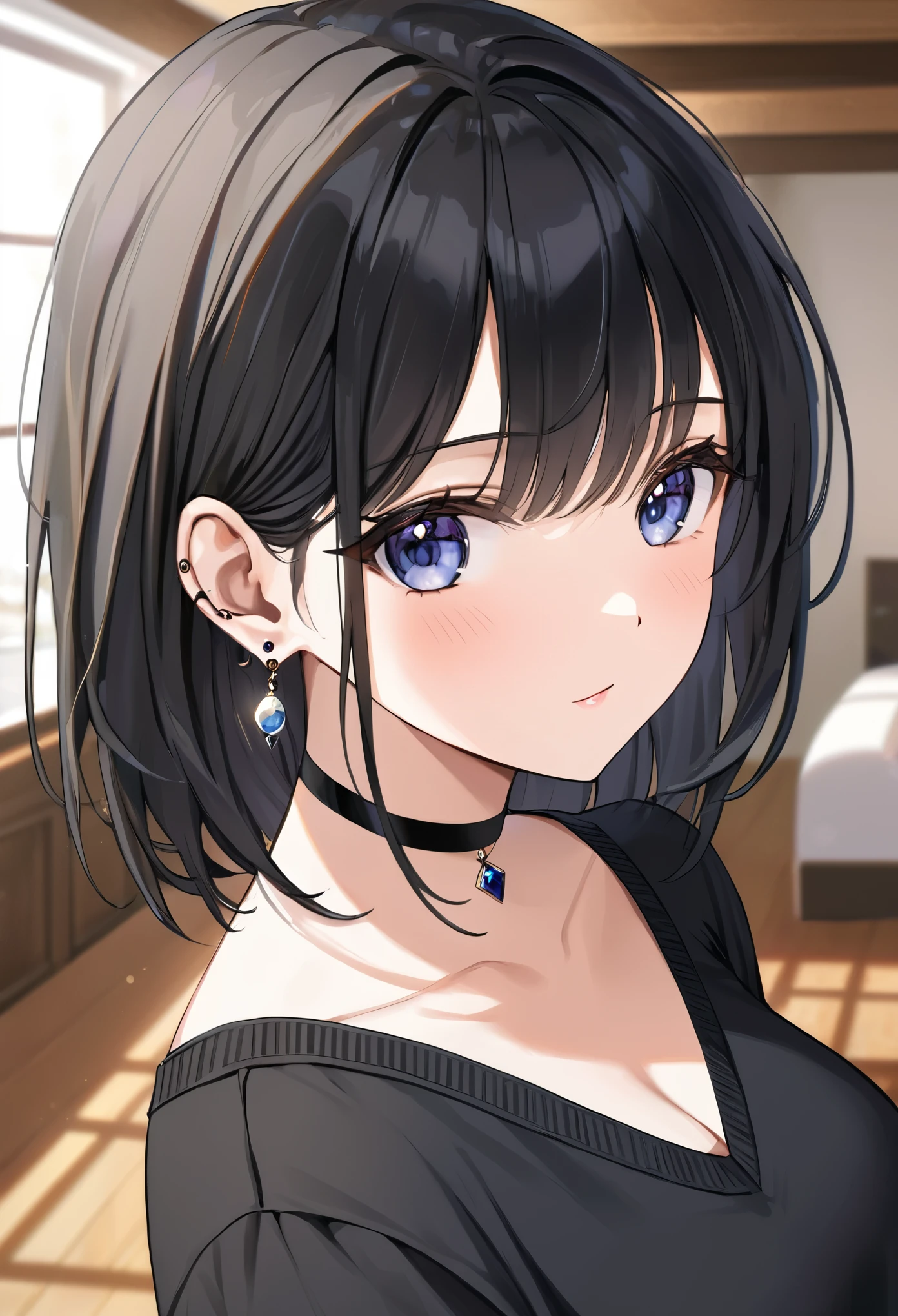 best quality, super_delicate, ultra detailed, beautiful, 8k , 1girl, milf, black hair, casual clothes, earrings, choker, indoor, bright, close up