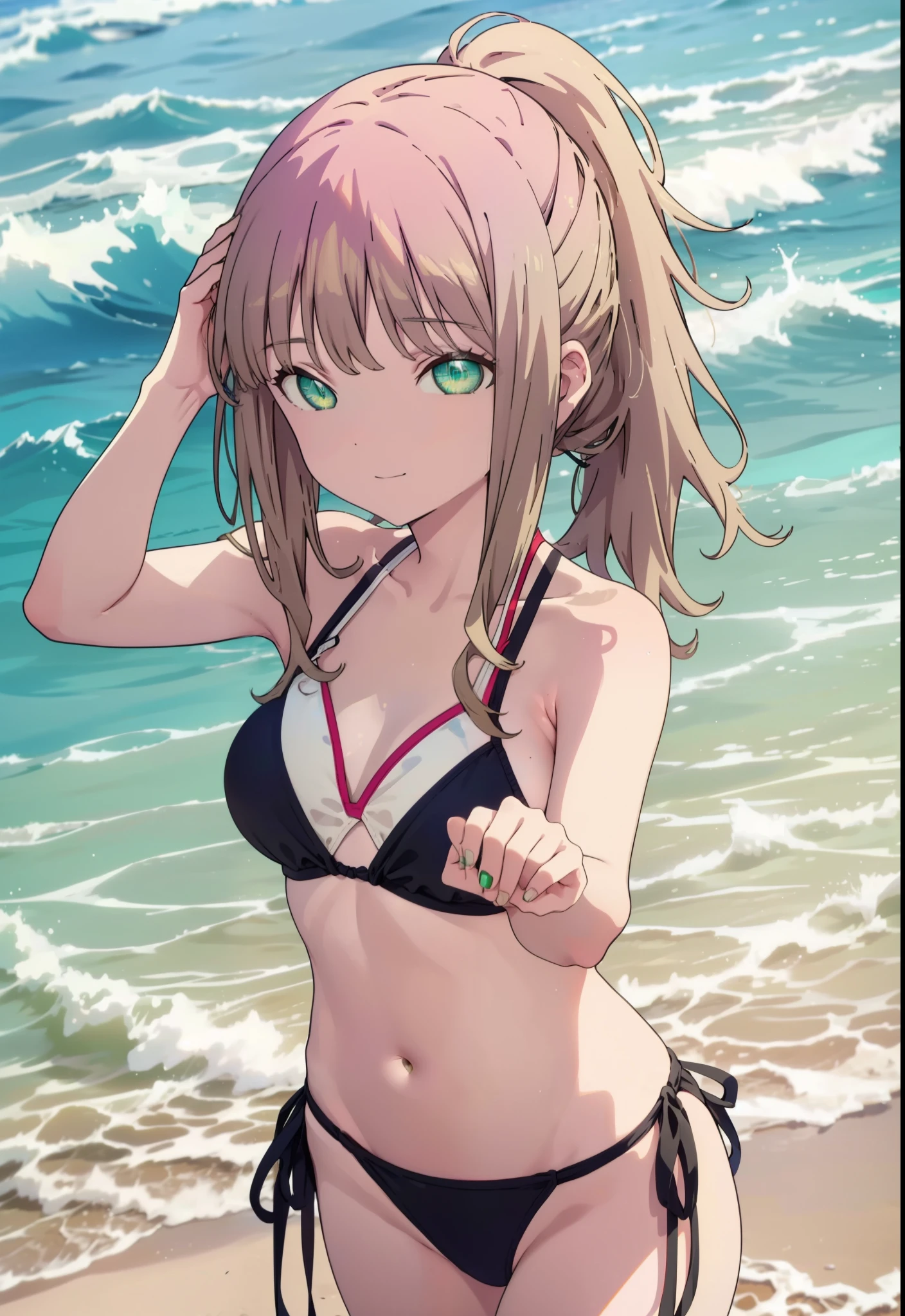 minami yume ,sss Dynazenon ,Long Hair, Brown Hair, (Green Eyes:1.5) ,smile,Open your mouth,Medium Breast,hair band,ponytail,Black bikini string swimsuit,A long, thin piece of cloth wrapped around the waist,barefoot,Daytime,Clear skies,Sandy Beachを散歩している,
break looking at viewer, whole body,(Cowboy Shot:1. 5),
break outdoors, Beach,Sandy Beach,
break (masterpiece:1.2), Highest quality, High resolution, unity 8k wallpaper, (shape:0.8), (Beautiful and beautiful eyes:1.6), Highly detailed face, Perfect lighting, Extremely detailed CG, (Perfect hands, Perfect Anatomy),